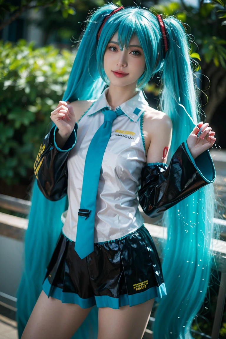 of the highest quality, obra maistra, realist, photorealist, A girl, alone, cowboy shot, Hatsune Miku cosplay costume, Hatsune Miku, cosplay, aquamarine hair, twin tails, very long hair, hair ornaments, Auricularis, auricularis, shirt, pleated tie, the aquatic, Fundas extraíblis, tattoo,to milk、is、Pink silk panties、low angle