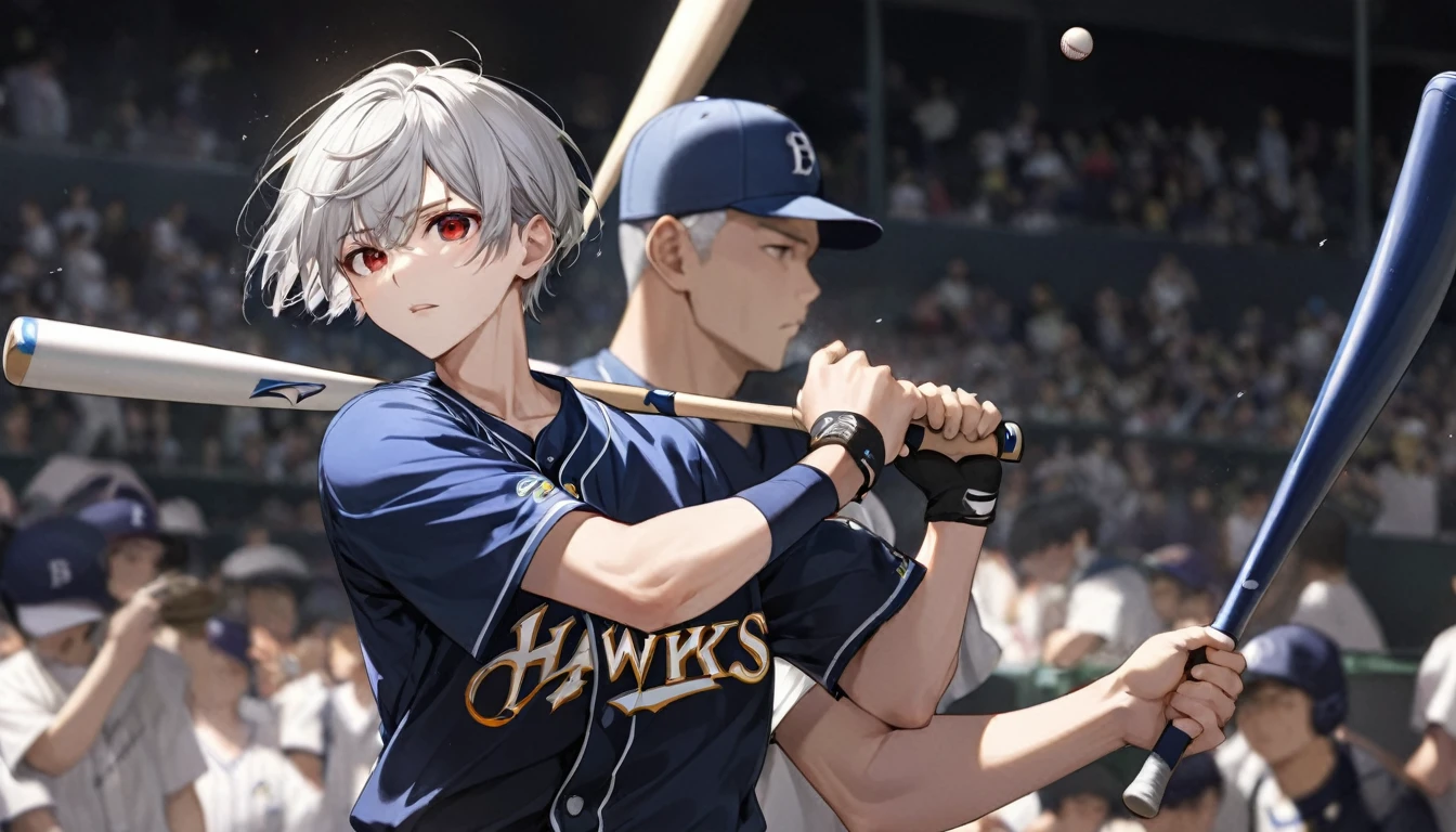 panoramic, (Professional baseball style) (Hold the bat with both hands), (full swing bat, hit ball go to stand), (16 yo, a crew cut silver hair very short hair) (Slender Slugger boy) (detailed cool red eyes, serious face), (in a Fukuoka SoftBank Hawks uniform), break, in the baseball batter's where, background Large crowd, BREAK, perfect anatomy, masterpiece, best quality, 16k, beautiful detailed grow, daydreaming expression.