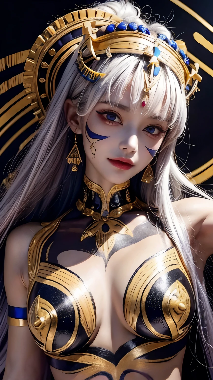 {((body painting with cleopatra style theme, Use bright colors))}, masterpiece, (best quality, ultra-detailed:1.4), (ultra high res:1.4), (sharp focus:1.3), (insanely detailed:1.3), masterpiece, best quality, 1girl, solo, (body painting:1.4), street wall background, looking at viewer, (F-cup sagging breasts), photography lighting, Model, fair skin, painting on fair skin, Large area body painting, ((Areolas painted:1.4)), fair skin, small areolas, 