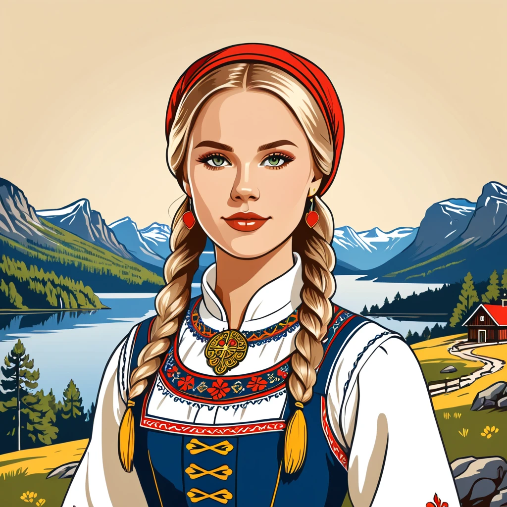 woman in sweden folk outfit, vector graphics, strong contours, logo design
