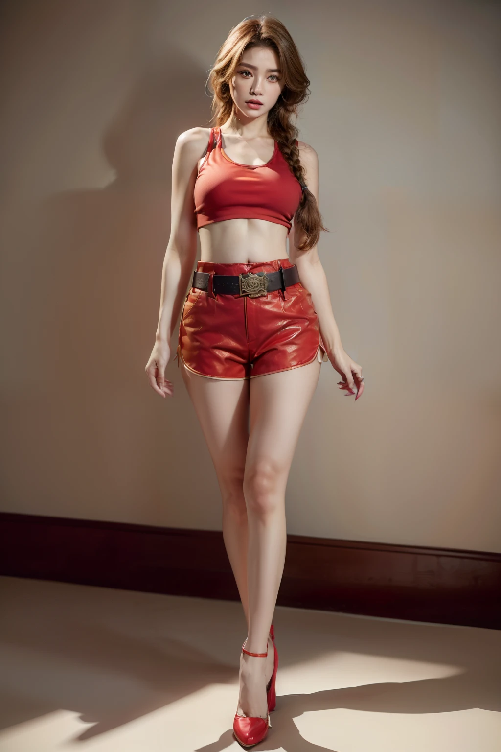 (RAW shooting, Photoreal:1.5, 8k, highest quality, masterpiece, ultra high resolution), perfect dynamic composition:1.2, Highly detailed skin and facial textures:1.2,beautiful and aesthetic:1.2, sexy beauty, perfect style, belief, Strong-willed, revenge, Fair skin, very beautiful face, (large breast, Chest gap), (beautiful eyes)(1girl, tall, long legs, navel, runny makeup, single braid:2, sleeveless, tight red top, belt:2,tight red shorts:2),(simple background:1),(knees together),(standing:1.4),(full body photo:1.4),