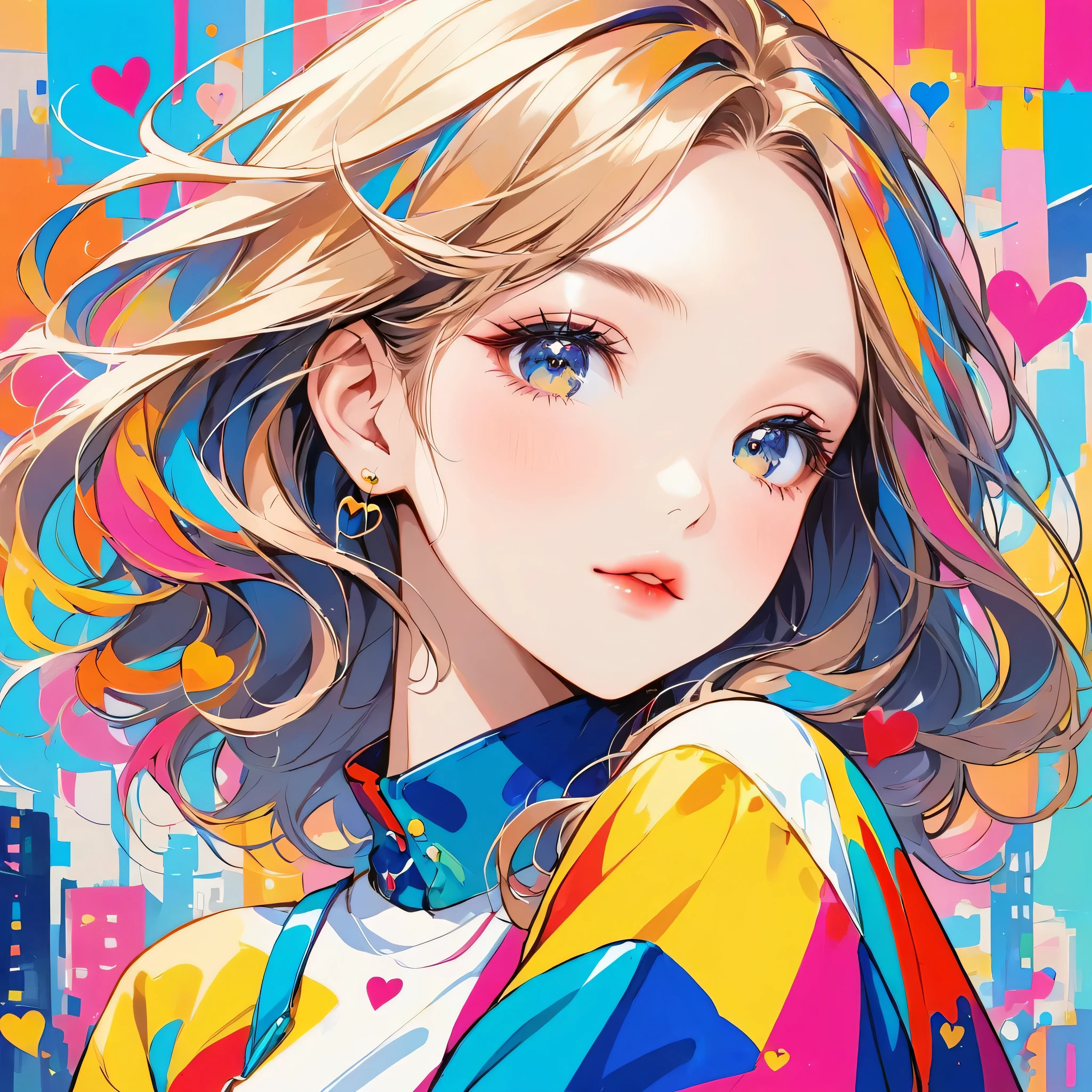 Mika Pikazo colorful style, Simple Line Initialism,Abstract art,Urban Background, (((The most beautiful girl of all time))), Sweet face. Lips in love, colorful hearts, stylish design