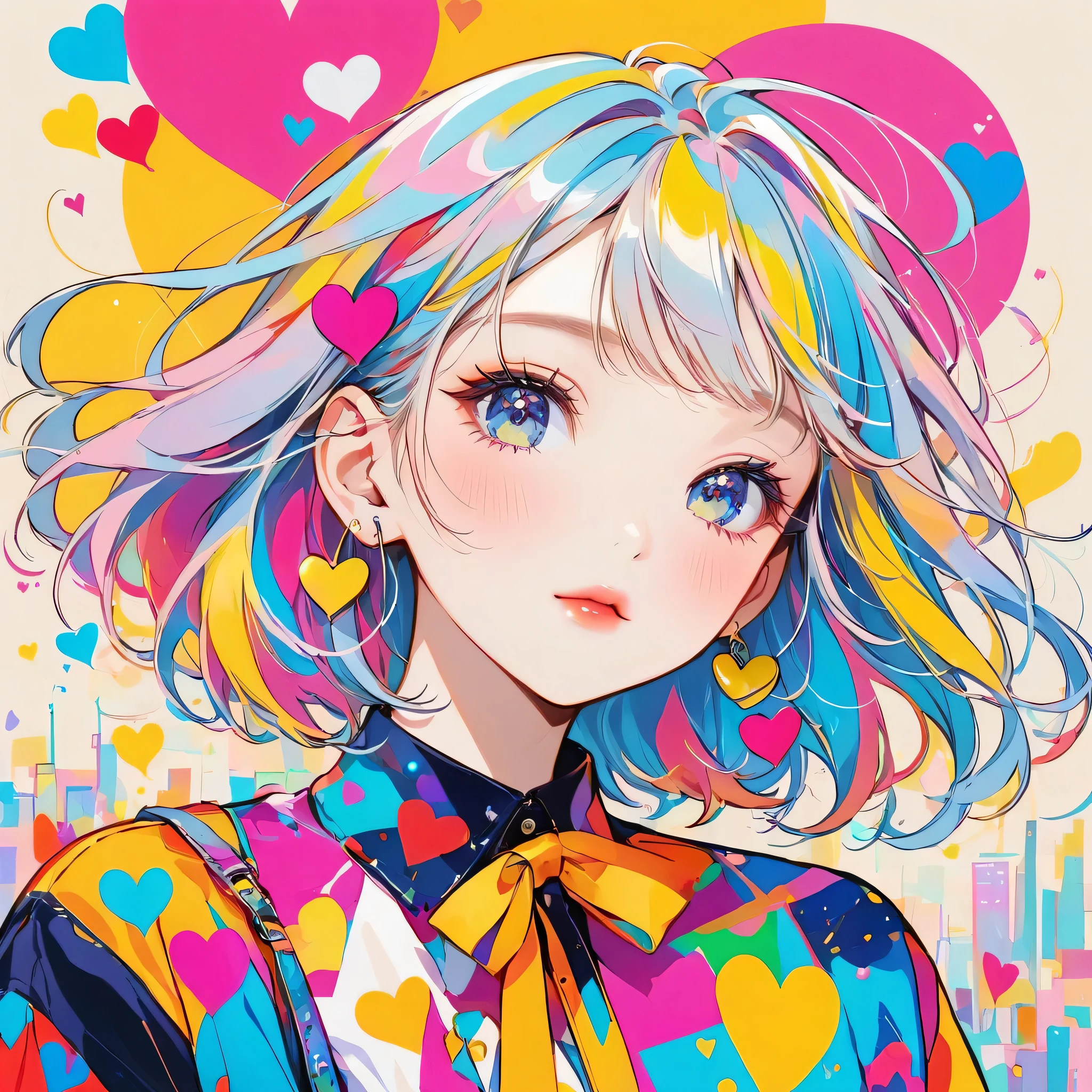 Mika Pikazo colorful style, Simple Line Initialism，Abstract art，Urban Background, (((The most beautiful girl of all time))), Sweet face. Lips in love, colorful hearts, stylish design