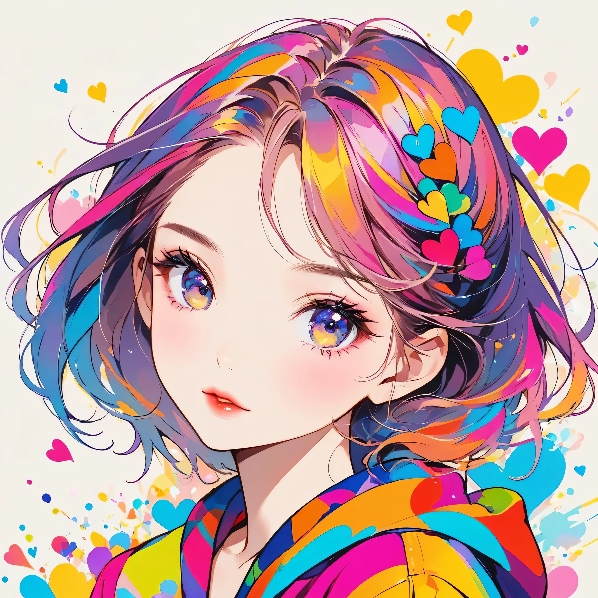 Mika Pikazo colorful style, Simple Line Initialism,Abstract art,Urban Background, (((The most beautiful girl of all time))), Sweet face. Lips in love, colorful hearts, stylish design
