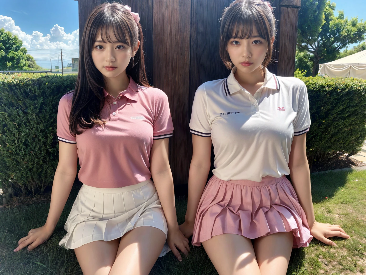 masterpiece, best quality, illustration, Super detailed, fine details, High resolution, 8K,wall paper, perfect dynamic composition,(Details High quality, realistic depiction of eyes:1.3), (2 girls), BREAK (white theme:1.4), (tucked-out short sleeve white polo shirt:1.4), (pink lines on tops outline:1.3), (pure white pleated mini skirt:1.3), (hem of top covers top half of skirt:1.3), (pink fluffy scrunchie on wrist:1.3), (white and pink sports shoes:1.2), short bob hair, (large breasts:1.2), plumpy body, black hair color, Big Natural Color Lip, (perfect body shape), crying a little、Harajuku style、20 year old girl、cute type、beautiful legs, Gravure Idol