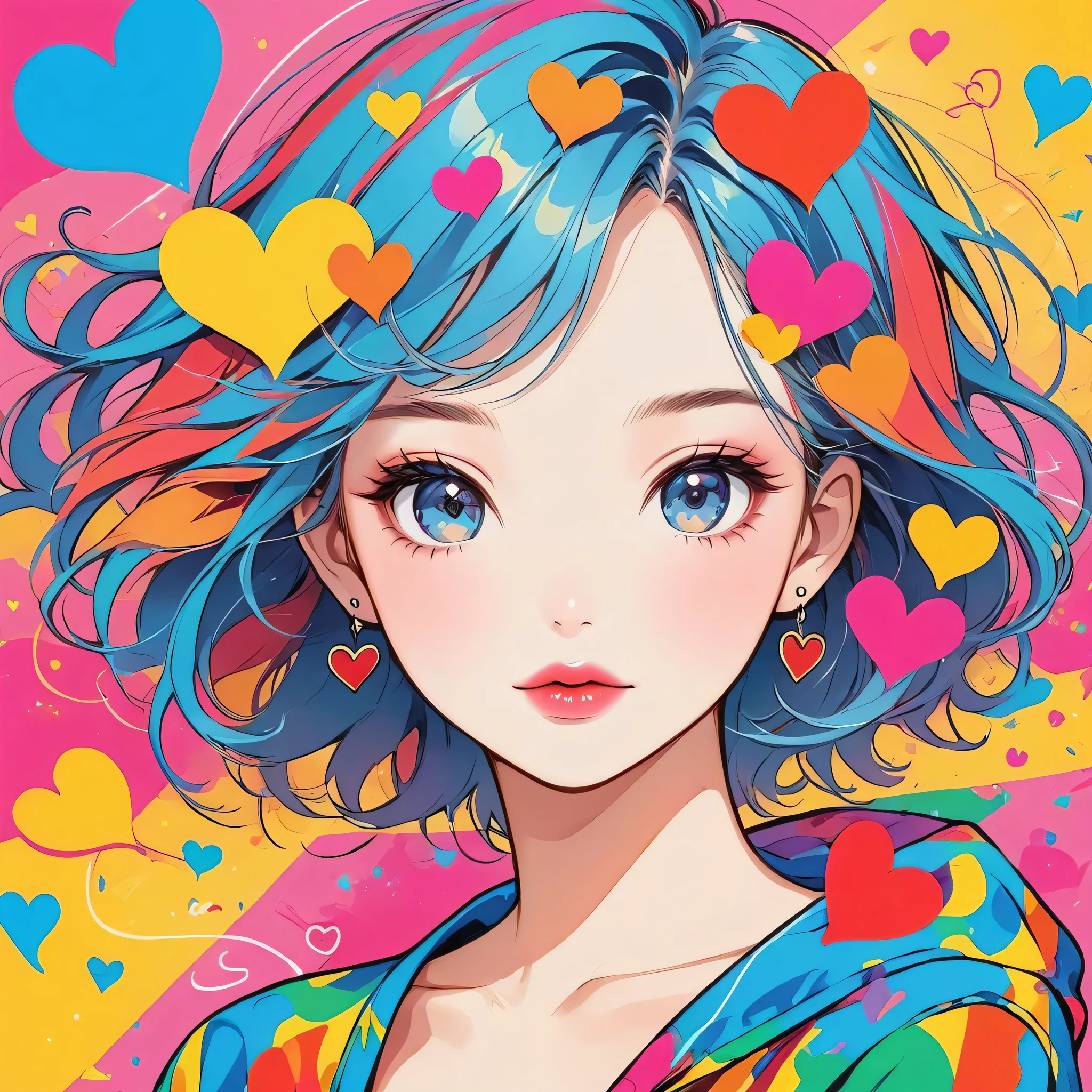 Keith Haring colorful style, Simple Line Initialism,Abstract art,Urban Background, (((The most beautiful girl of all time))), Sweet face. Lips in love, colorful hearts, stylish design