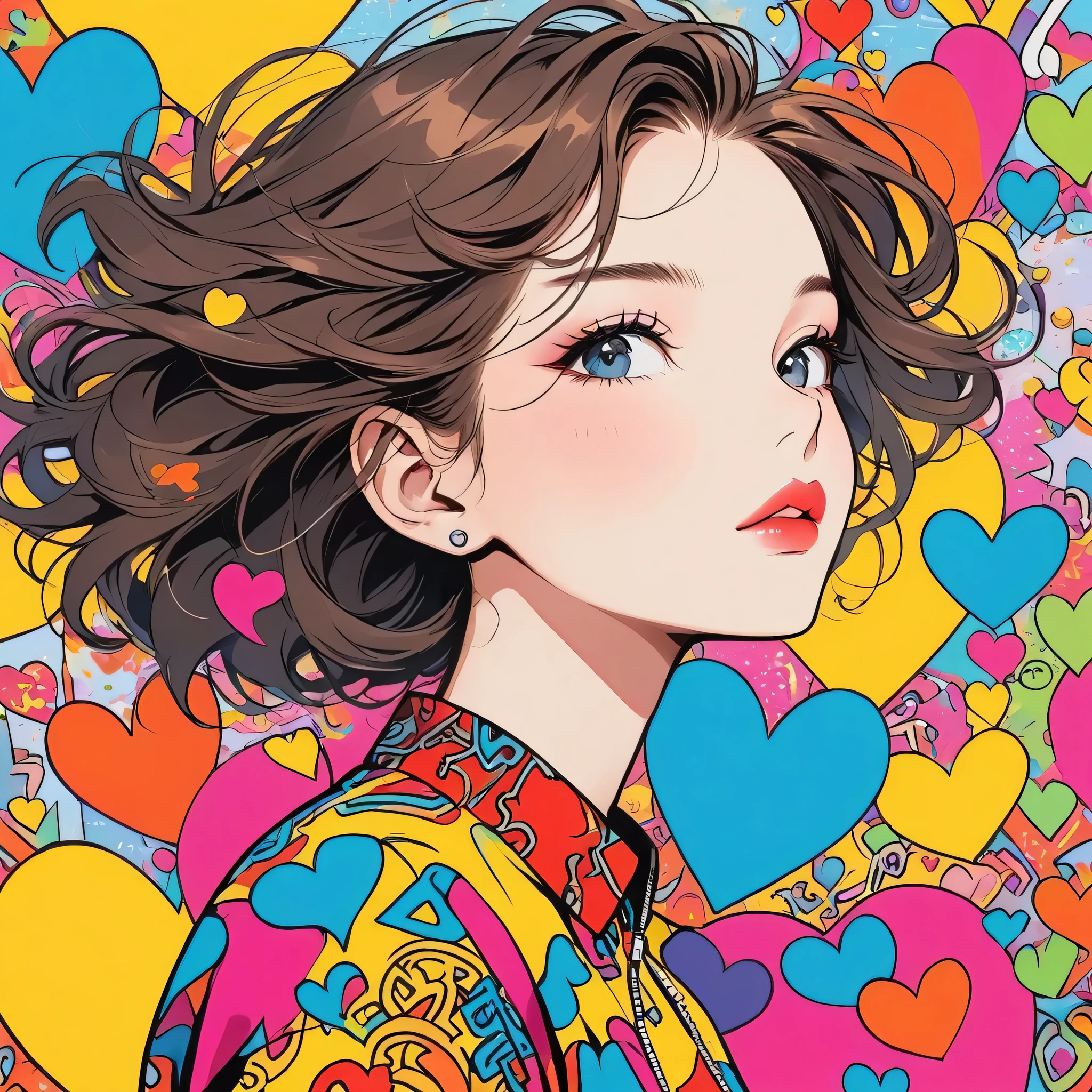 Keith Haring colorful style, Simple Line Initialism，Abstract art，Urban Background, (((The most beautiful girl of all time))), Sweet face. Lips in love, colorful hearts, stylish design