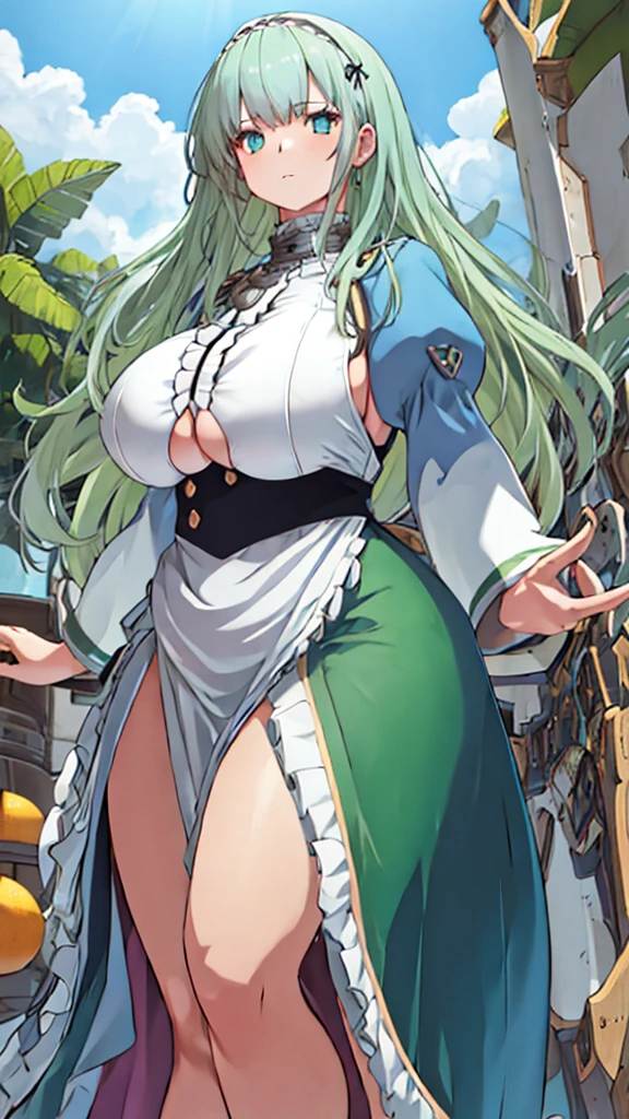 High detailed, 1 girl, light green long hair, busty, firm plump body, genetics uniform , Juliet sleeves, pencil BLUE skirt, deep cleavage, Juliet sleeves 