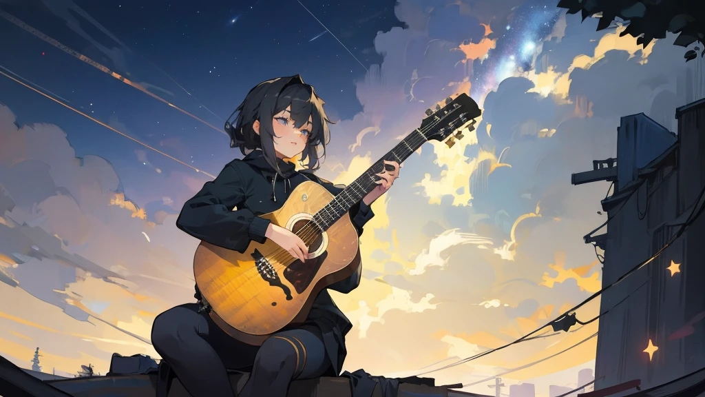 masterpiece,night,(dark alley),star、Night Sky、milky way、octone、
(1. Female), (solo), Knee hugging sitting,acousticguitar