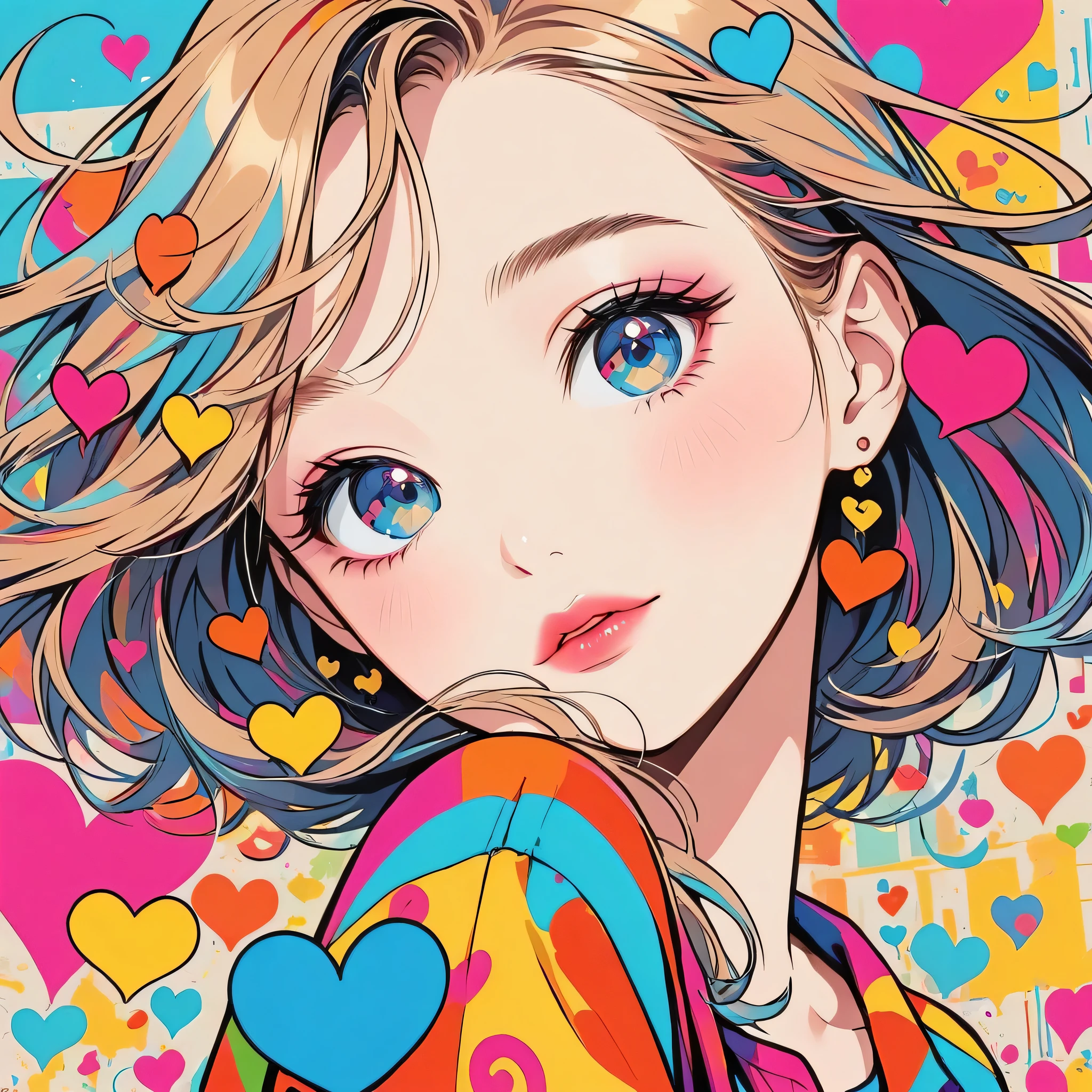 Keith Haring colorful style, Simple Line Initialism,Abstract art,Urban Background, (((The most beautiful girl of all time))), Sweet face. Lips in love, colorful hearts, stylish design