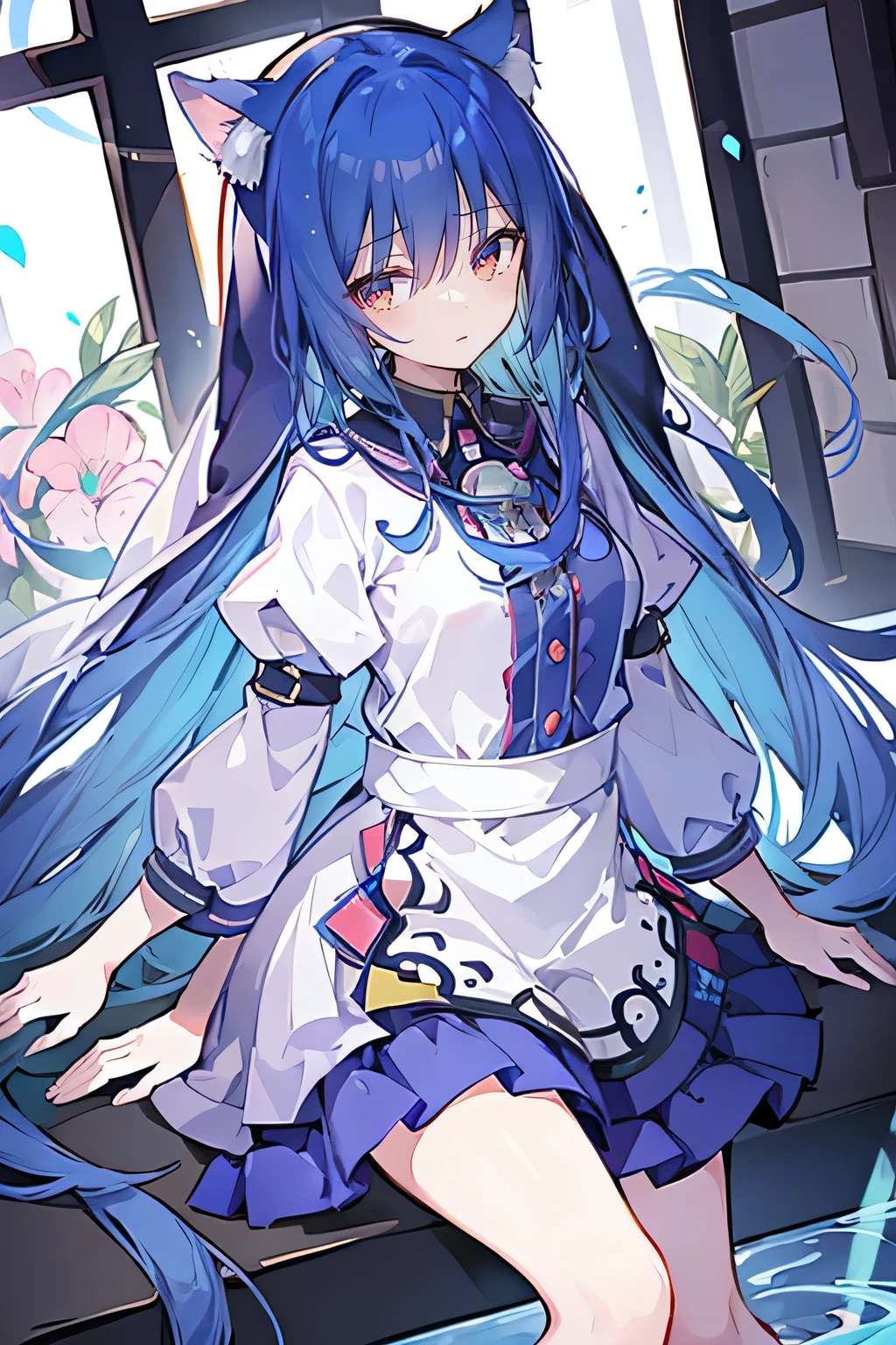 (masterpiece:1.2),Extremely detailed,Practical,expressive eyes,Fair skin,Perfect face shaping,1 Girl,
Japanese cartoons,Gorgeous blue hair, the long flowing blue hair,Floating clothes,Cat ears,Petals fall,beautiful lola,Young Angel,
Place your hands on your waist,sit elegantly on the ground,Cross your legs,Gentle and peaceful background,church,nun,Place your hand on your lips,Shy face。