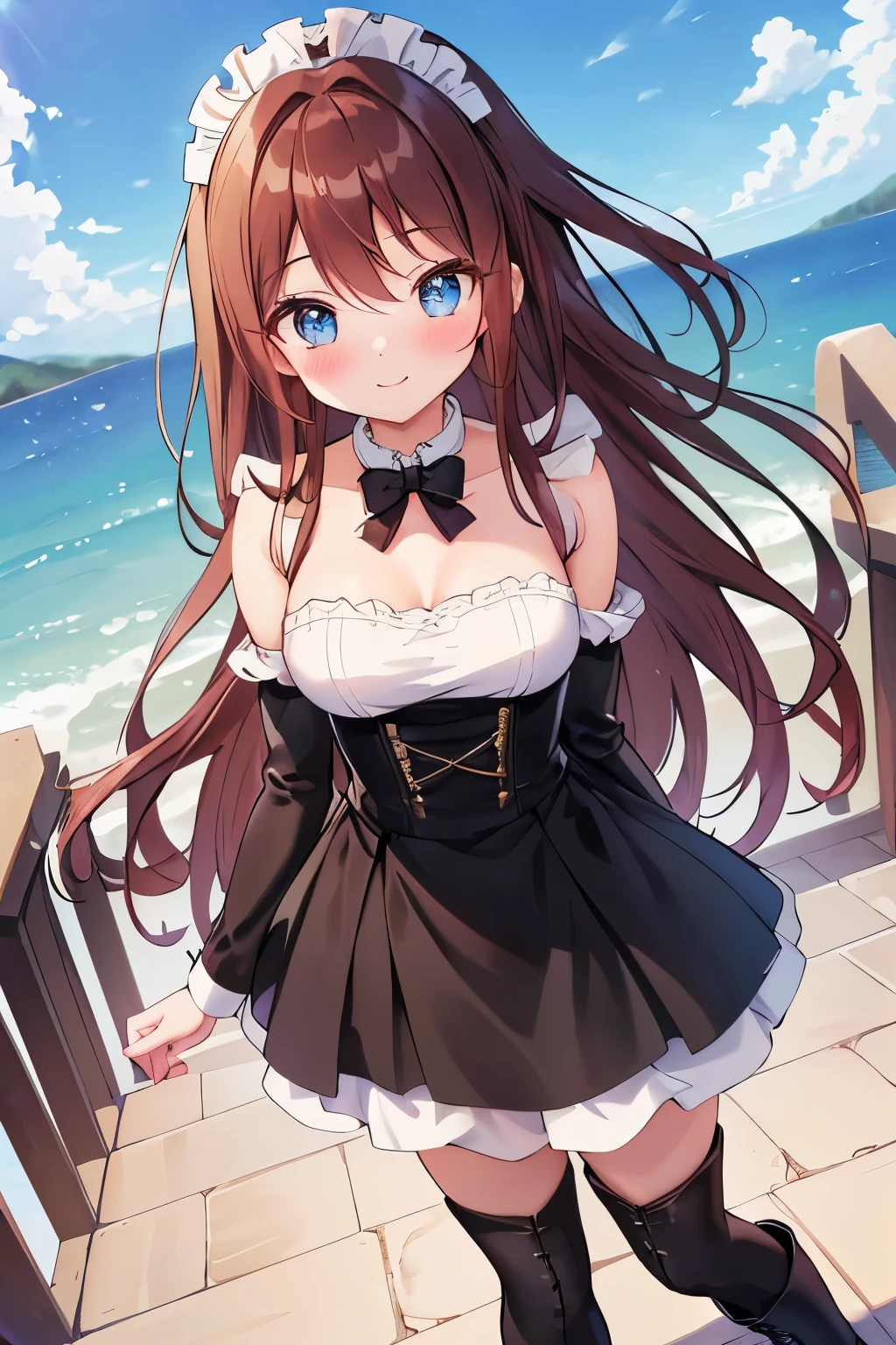 ((masterpiece, Highest quality, High resolution, 超High resolution, Pixel Perfect, Wide-angle, 4K, RTTX 10.0, Human Development Report))), One Girl, single, alone, beauty, View the whole body, (( Reddish brown hair, Very long hair, Short Liuhai)), ((blue eyes, Beautiful eyelashes, Realな目)), ((Detailed face, blush:1.2)), ((Smooth texture:0.75, Real质感:0.65, Real:1.1, Anime CG style)), Medium chest, Perfect body, ((Low Cut Maid Costume, Exposing shoulders, black tights, Black boots)), smile, Go down the stairs, (The wind blows her long hair，Exposing shoulders、black tights、Black boots)