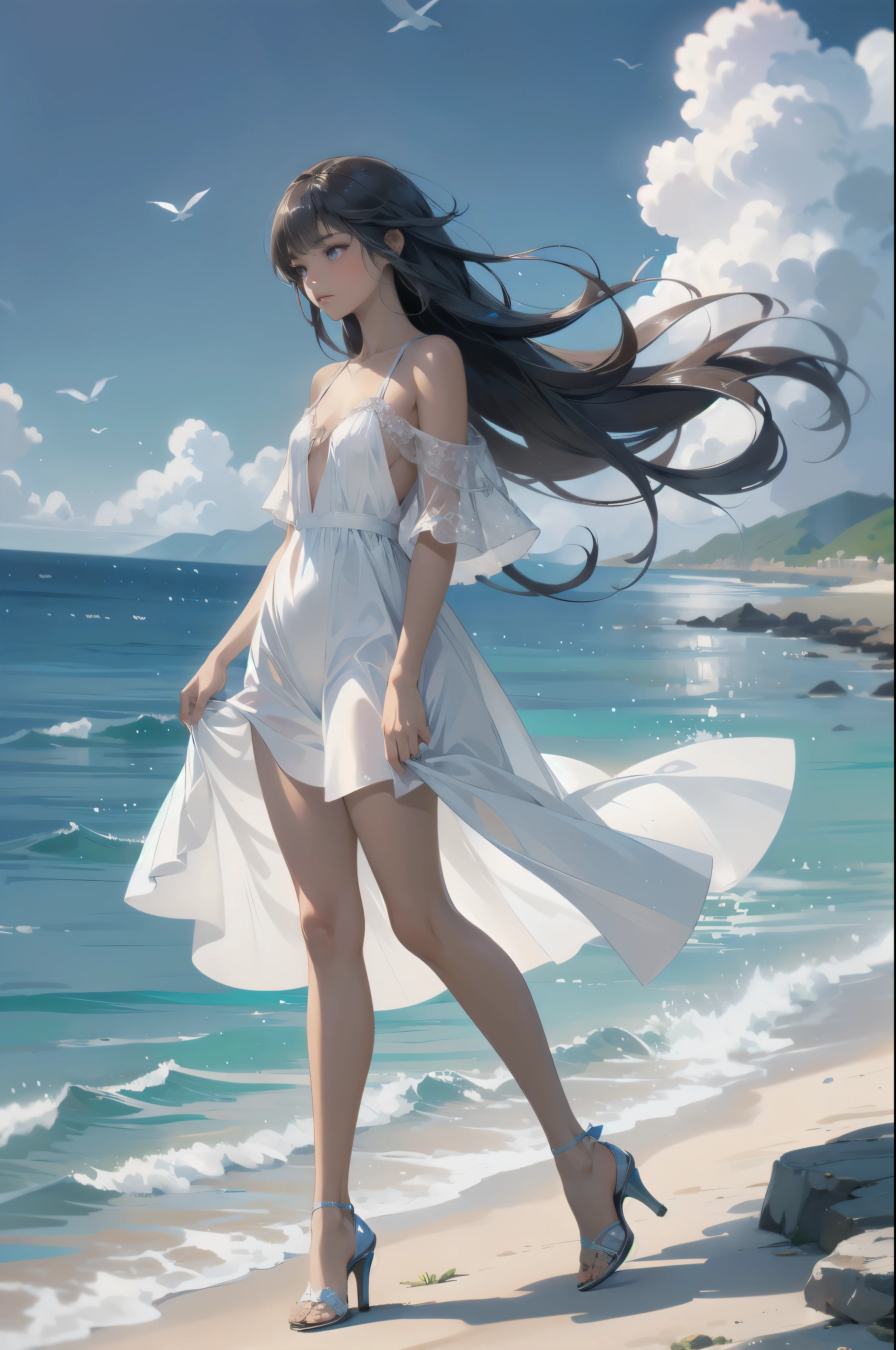 "Create an anime-style illustration of a young woman standing on a wooden deck overlooking a serene beach. She has long, dark hair and is wearing an orange sundress that flutters gently in the breeze. The woman is looking over her shoulder with a serene expression, her eyes reflecting a sense of calm and contemplation. She wears black strappy heels that add to her elegant yet casual appearance.In the background, capture a picturesque coastal scene with a clear blue sky dotted with fluffy, white clouds. A line of seagulls can be seen flying across the sky, adding a dynamic element to the serene atmosphere. To the right of the woman, depict a white lighthouse and a small house, both nestled on a grassy area near the beach. The ocean is a brilliant blue, with gentle waves lapping against the shore and rocks scattered along the coastline.The overall mood of the illustration should evoke a sense of peaceful solitude and natural beauty, highlighting the tranquil setting and the woman's quiet reflection."