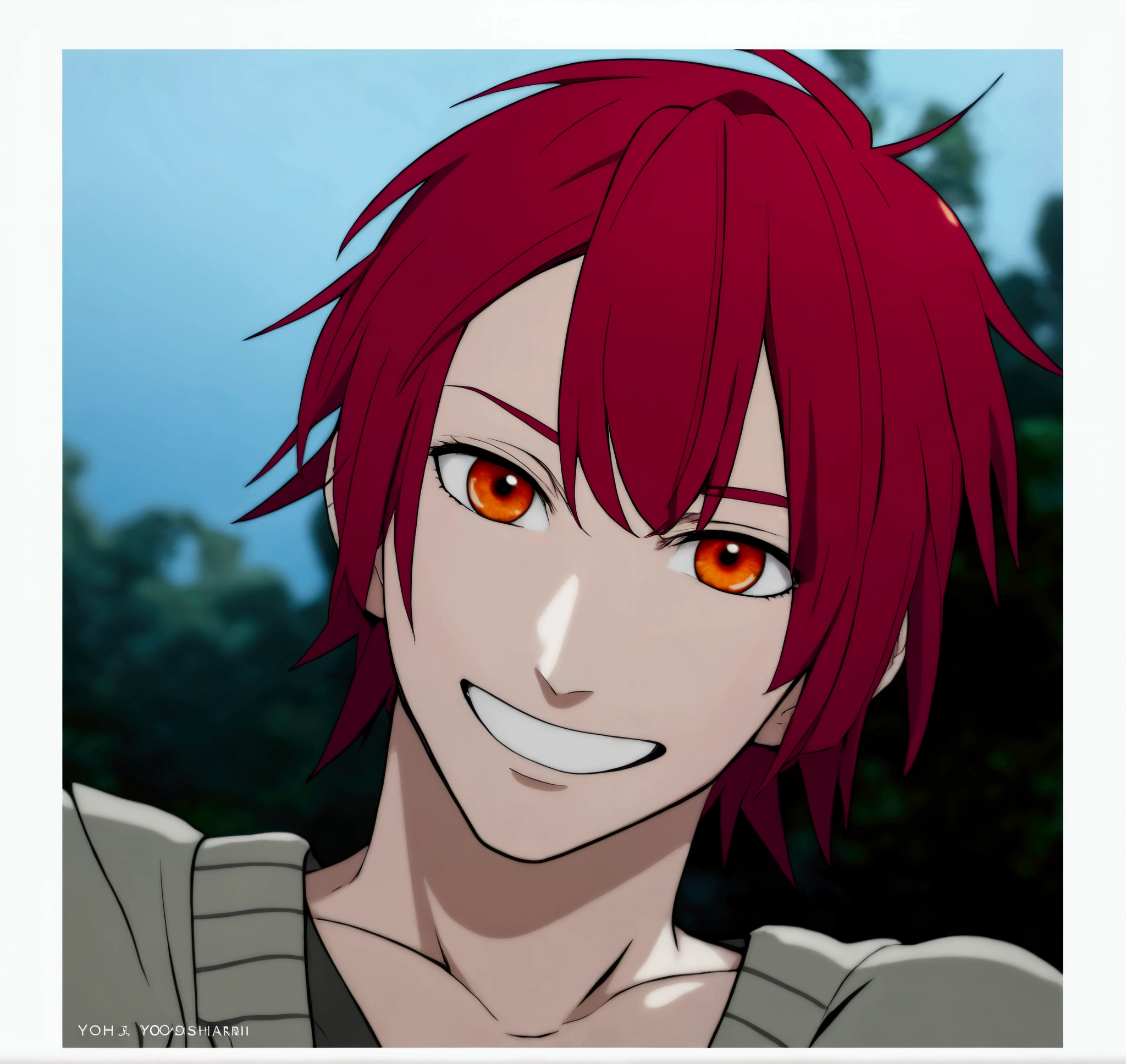 anime guy with red hair and orange eyes smiling at the camera, [[[[gAlsoning evily]]]], orange - haired anime boy, ( ( ( yoh yoshinari ) ) ), Also, ((red)) Swollen eyes, Young Anime Guy, 8k!, tsukasa dokite, Kentaro Miura&#39;s Manga Art Style, Anime Style