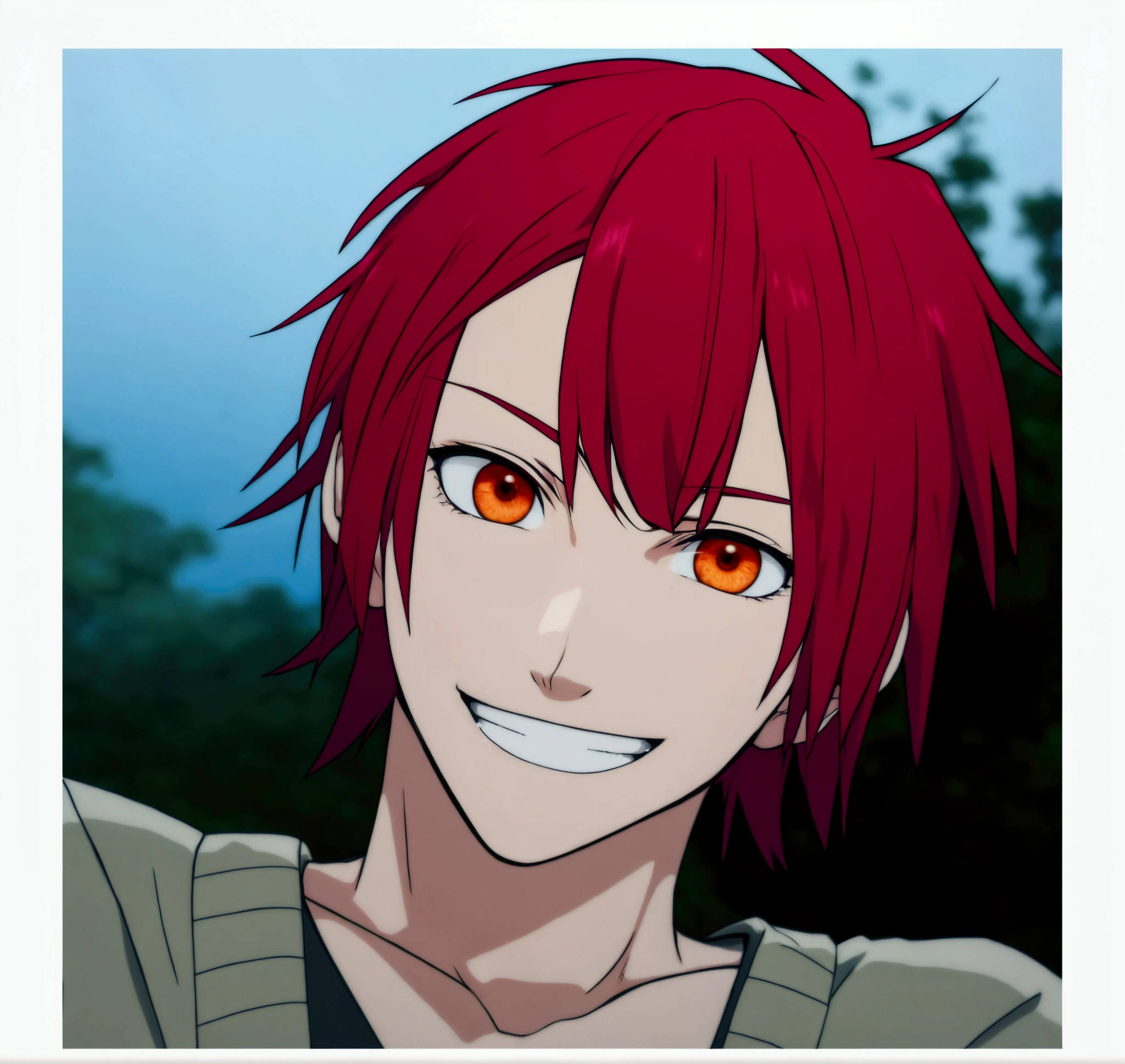 anime guy with red hair and orange eyes smiling at the camera, [[[[gAlsoning evily]]]], orange - haired anime boy, ( ( ( yoh yoshinari ) ) ), Also, ((red)) Swollen eyes, Young Anime Guy, 8k!, tsukasa dokite, Kentaro Miura&#39;s Manga Art Style, Anime Style