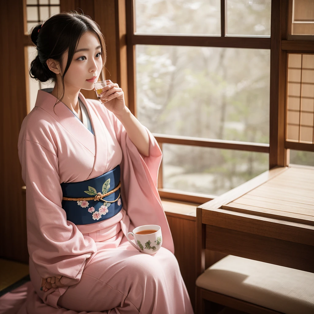 In a traditional Japanese room、A Japanese woman wearing a pale pink kimono is sitting。As she sips her tea,、Has a calm expression on his face。The soft light coming through the shoji screen illuminates her gentle features.、Quiet and beautiful atmosphere