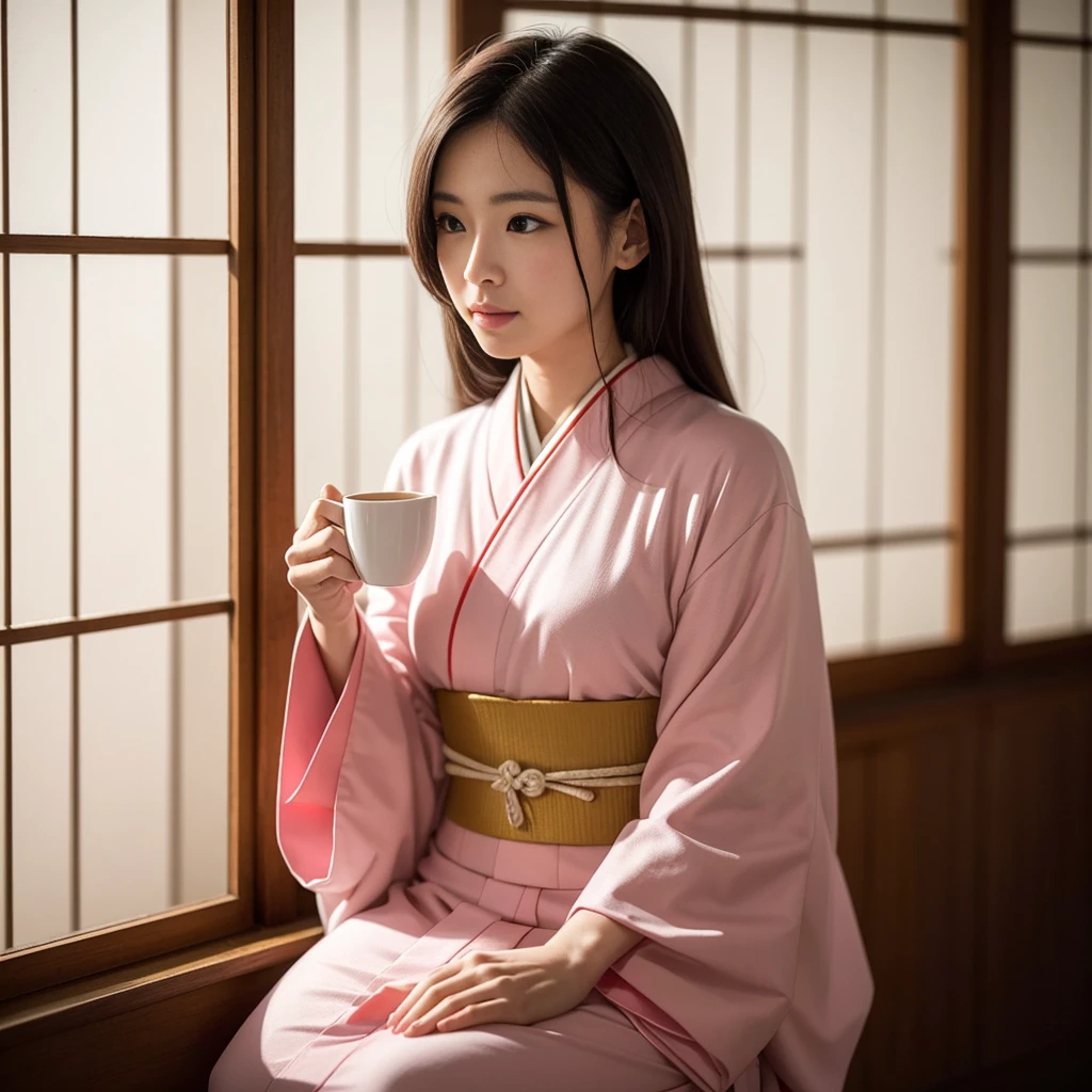 In a traditional Japanese room、A Japanese woman wearing a pale pink kimono is sitting。As she sips her tea,、Has a calm expression on his face。The soft light coming through the shoji screen illuminates her gentle features.、Quiet and beautiful atmosphere