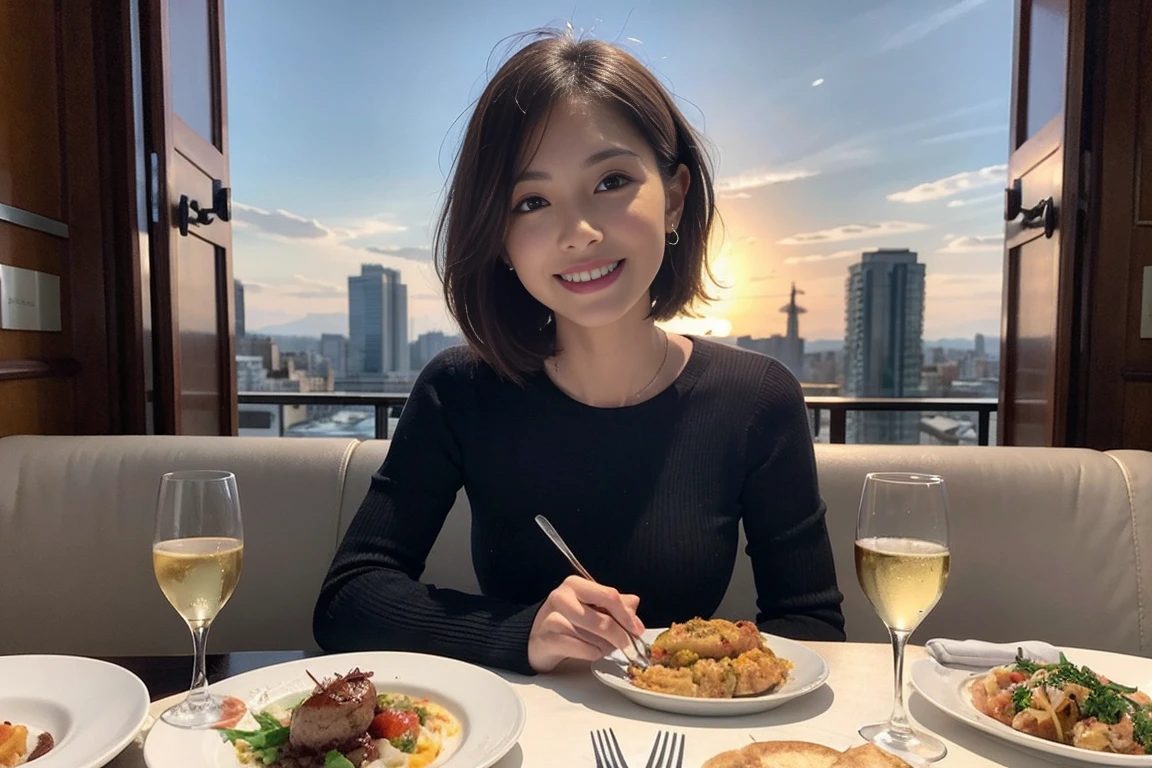 （Realistic:1.1）,(masterpiece,Highest quality)，8k,(56 years old), 53 years old, ベリーslimボディ、slimカップル、Tight waist,Upper Body,full-course dinner、wine 、Amazing view of the sunset sky and clouds、Perfect Anatomy, Brown Hair, short hair,Random Hairstyles,((Highly detailed face and eyes:1.2))，Perfect golden ratio face，Long sleeve shirt、dress,(smile:1.2)、Shortcuts、cute、(Realistic, Intricate details:1.2), A bright smile、short hair,Bright Face、赤wine 、Appetizers、Italian food、wine bottle、Champagne、スパークリングwine、(slimな顔), (The body is slim), (Brown Hair), (Shortcuts),  Upper Body, 白wine, slim, wineグラス, 