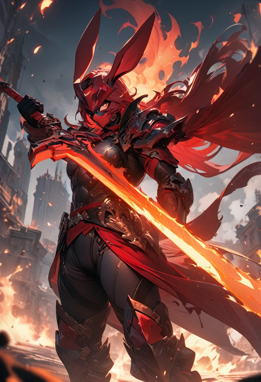 masterpiece, 8k, best quality, highly detailed, a human male rouge wielding a flaming greatsword that are rabbit themed