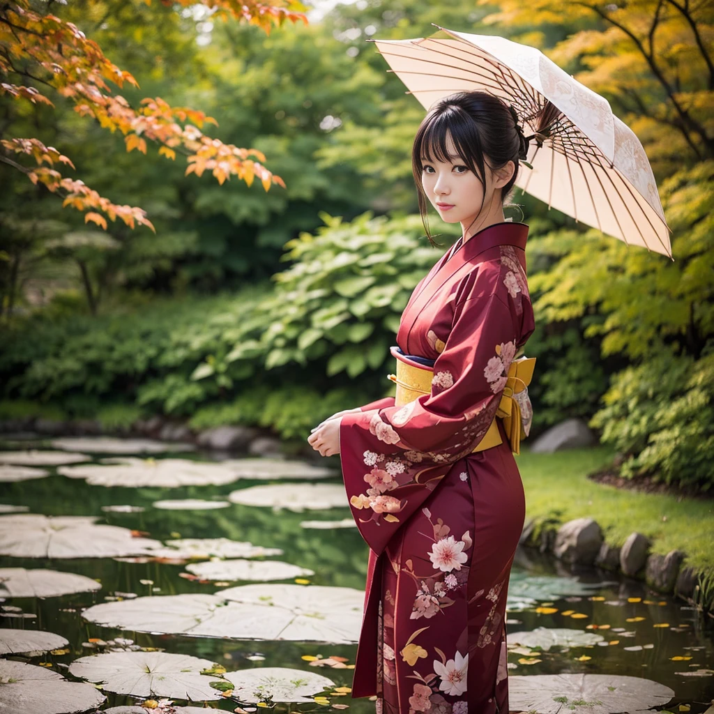 In a Japanese garden at dusk、A Japanese woman wearing a crimson furisode kimono stands by the pond。She has an umbrella、Gazing into the distance with a calm expression。Autumn leaves spread in the background、Creates a fantastic Japanese beauty