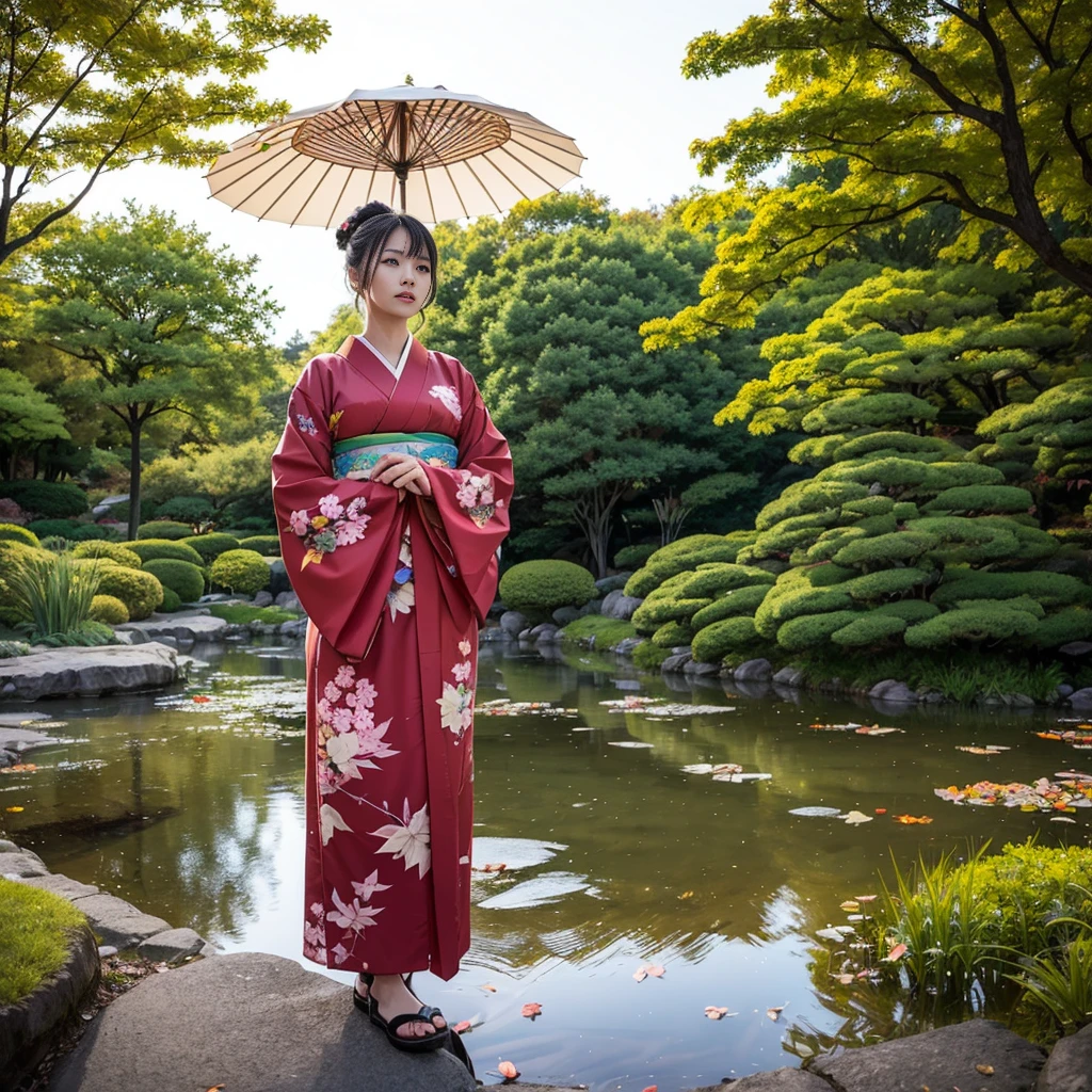 In a Japanese garden at dusk、A Japanese woman wearing a crimson furisode kimono stands by the pond。She has an umbrella、Gazing into the distance with a calm expression。Autumn leaves spread in the background、Creates a fantastic Japanese beauty