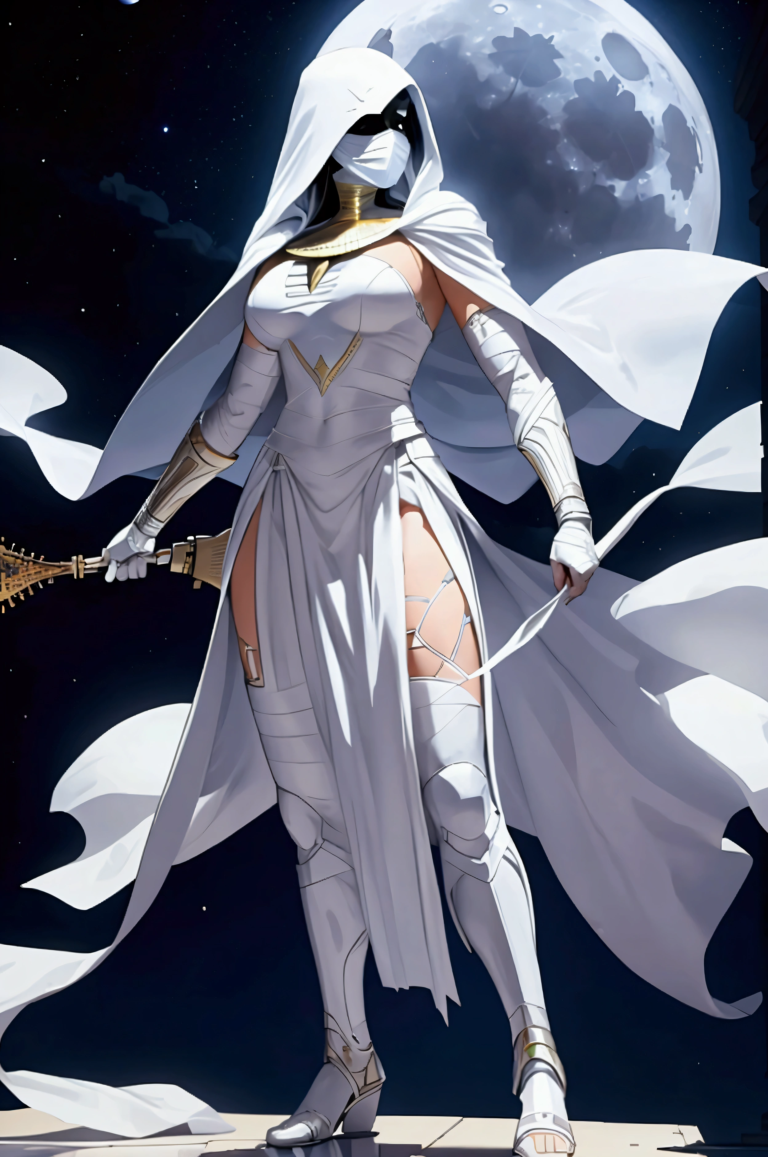 Full Body Pose, Beautieful Female Moon Knight, Marvel Comics, white Costume, white full face bandaged mask, white floating cloak, Moon Knight playing on a Banjo, Night Scene in an egyptian Museum