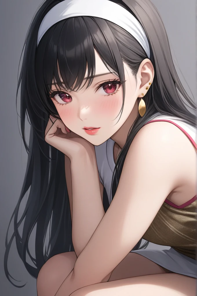 (8k, RAW photos, top quality, masterpiece: 1.2), (realistic, photorealistic: 1.37), (High Quality), (Ultra realistic), (High Details), (Face detail), (Shadow Detail),  1 girl, (Mature Female), MILF, solo, Red eyes, Black hair, Gold earrings, Long hair, White Headband, Pink Lips, Blush, (Ultra Face Detailed), Game Print Shirt, Long Legs, Candid, Yor Briar, Anime, (Hand detailed), Fingers Detailed,full bidy view