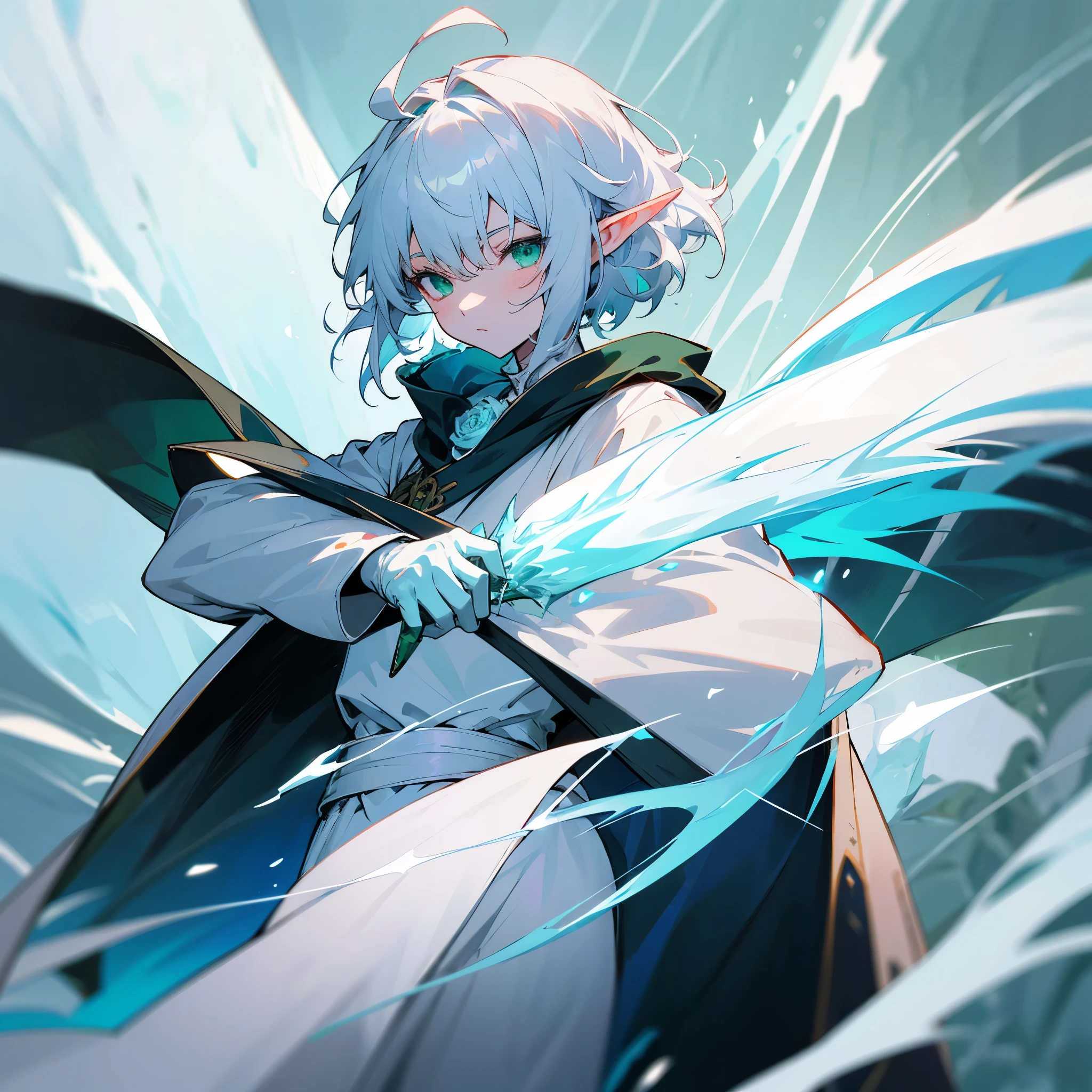Elf, silver hair,short hair, medium cut, ahoge, curly hair,green eyes,slender, fair skin, robe,  cloak,White gloves, blue effect, ice effect, triumphantly,Ice Rose ,magic,green rose,Noble son