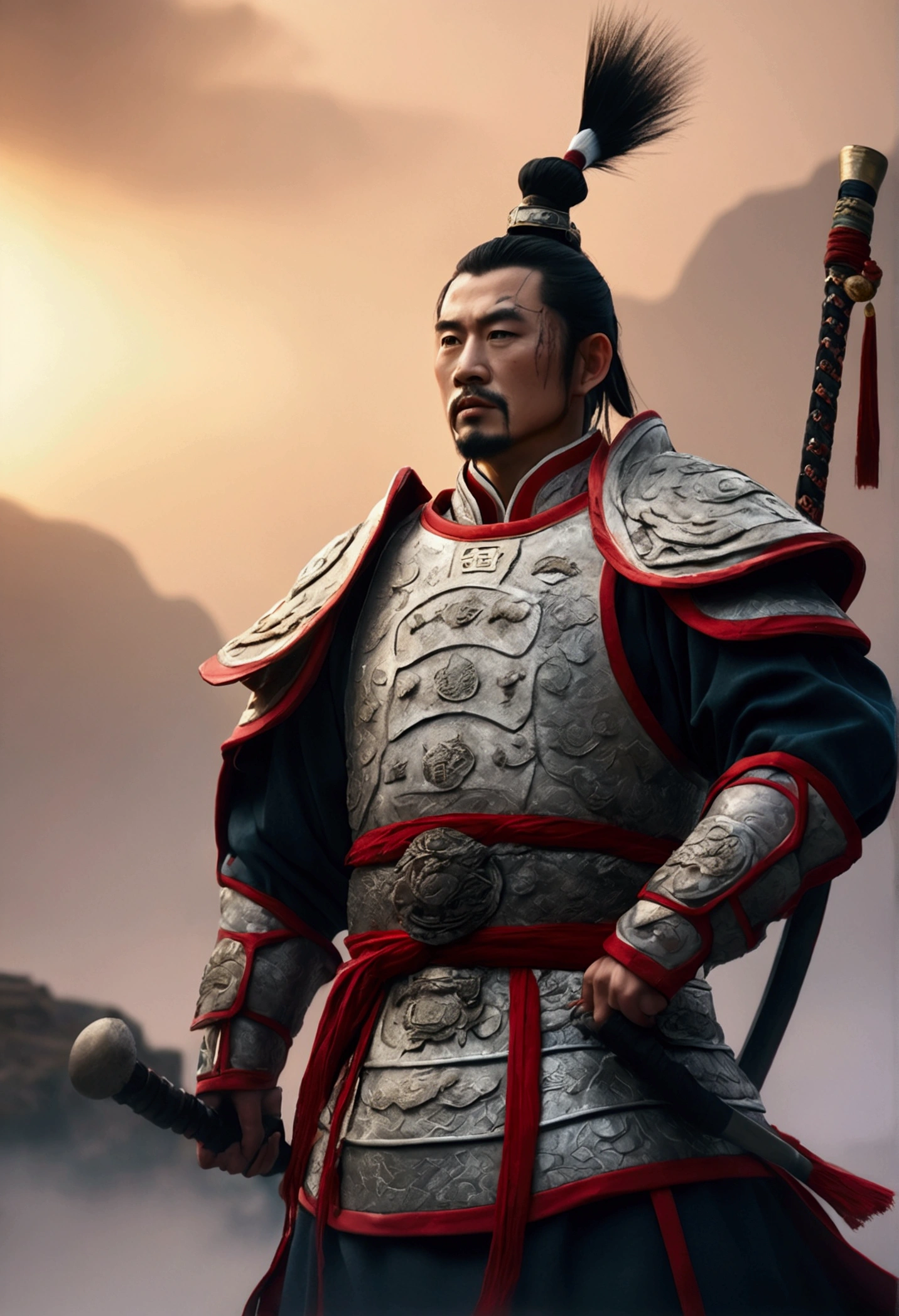 Bust of an ancient Chinese general on the battlefield,The armor is broken, Starry sky and fog cover the landscape.Rich historical background. (Highest quality,4K,8k,High resolution,masterpiece:1.2), Very detailed, (Realistic,Realistic,Photorealistic:1.37), High resolution, Hyper HD, Studio Lighting, Ultra-fine painting, Sharp focus, Physically Based Rendering, Very detailed説明, Professional, Vibrant colors, Bokeh, Sports Late, Ancient War Landscapes, Traditional Chinese Painting Techniques, Atmospheric lighting, Dynamic Pose, Complex combat scenarios, Vivid color contrast, Visually stunning composition, Ethereal atmosphere, heroism. Black and White