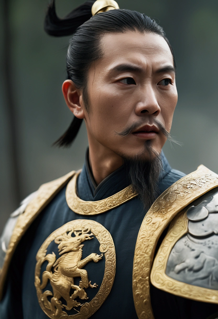 Bust of an ancient Chinese general on the battlefield,The armor is broken, Starry sky and fog cover the landscape.Rich historical background. (Highest quality,4K,8k,High resolution,masterpiece:1.2), Very detailed, (Realistic,Realistic,Photorealistic:1.37), High resolution, Hyper HD, Studio Lighting, Ultra-fine painting, Sharp focus, Physically Based Rendering, Very detailed説明, Professional, Vibrant colors, Bokeh, Sports Late, Ancient War Landscapes, Traditional Chinese Painting Techniques, Atmospheric lighting, Dynamic Pose, Complex combat scenarios, Vivid color contrast, Visually stunning composition, Ethereal atmosphere, heroism. Black and White