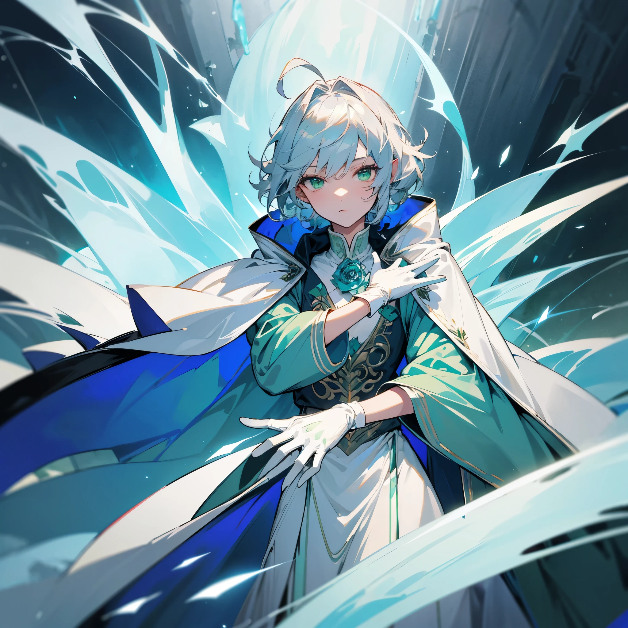 Elf, silver hair,short hair, medium cut, ahoge, curly hair,green eyes,slender, fair skin, robe,  cloak,White gloves, blue effect, ice effect, triumphantly,Ice Rose ,magic,green rose,Noble son