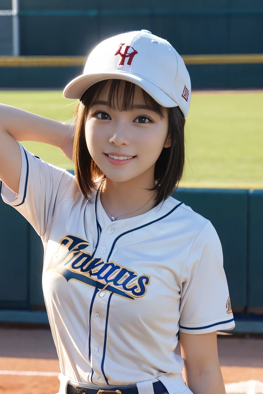 masterpiece、Japanese、Japanese、Full body image、Full body image、Full body image、1 beautiful girl、high school baseball、Put on a hat、Playing a daytime game、sun、Playing a match、Full body image、fine eyes、smile,puffy eyes、highest quality, 超High resolution, (reality: 1.4), movie lighting、super beautiful、beautiful skin、body facing forward、Upper body,(ultra-realistic)、(High resolution)、(8k)、(very detailed)、(Beautiful and fine eyes)、(Super detailed)、 (wall-)、detailed face、bright lighting、professional lighting、Midsummer、Koshien Stadium、high school baseball、