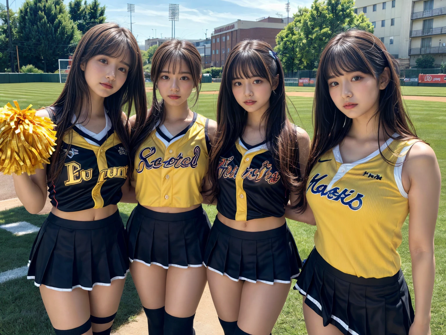 masterpiece, best quality, illustration, Super detailed, fine details, High resolution, 8K,wall paper, perfect dynamic composition,(Details High quality, realistic depiction of eyes:1.3), (3 girls), BREAK (cheerleader uniform with yellow as basic color:1.3), (holding a yellow pompoms in hand:1.4), (sleeveless yellow tunic with baseball team logo:1.4), yellow tops, (bold V-neck:1.3), ((Blue lines, black lines) on tops:1.3), ((fit and flare, A-line):1.3), (A-line yellow rah-rah skirt:1.3), mini skirt, (black socks:1.3), (sports shoes:1.2), sitting, open legs, short bob hair, in a hotel room in the background, deep on field, large breasts, black hair color, Big Natural Color Lip, (perfect body shape), crying a little、Harajuku style、20 year old girl、cute type、beautiful legs, Gravure Idol