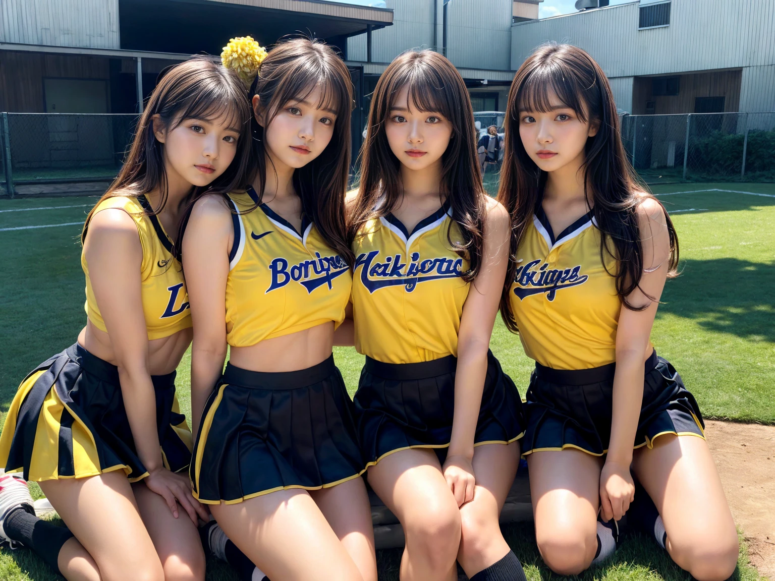 masterpiece, best quality, illustration, Super detailed, fine details, High resolution, 8K,wall paper, perfect dynamic composition,(Details High quality, realistic depiction of eyes:1.3), (3 girls), BREAK (cheerleader uniform with yellow as basic color:1.3), (holding a yellow pompoms in hand:1.4), (sleeveless yellow tunic with baseball team logo:1.4), yellow tops, (bold V-neck:1.3), ((Blue lines, black lines) on tops:1.3), ((fit and flare, A-line):1.3), (A-line yellow rah-rah skirt:1.3), mini skirt, (black socks:1.3), (sports shoes:1.2), sitting, open legs, short bob hair, in a hotel room in the background, deep on field, large breasts, black hair color, Big Natural Color Lip, (perfect body shape), crying a little、Harajuku style、20 year old girl、cute type、beautiful legs, Gravure Idol