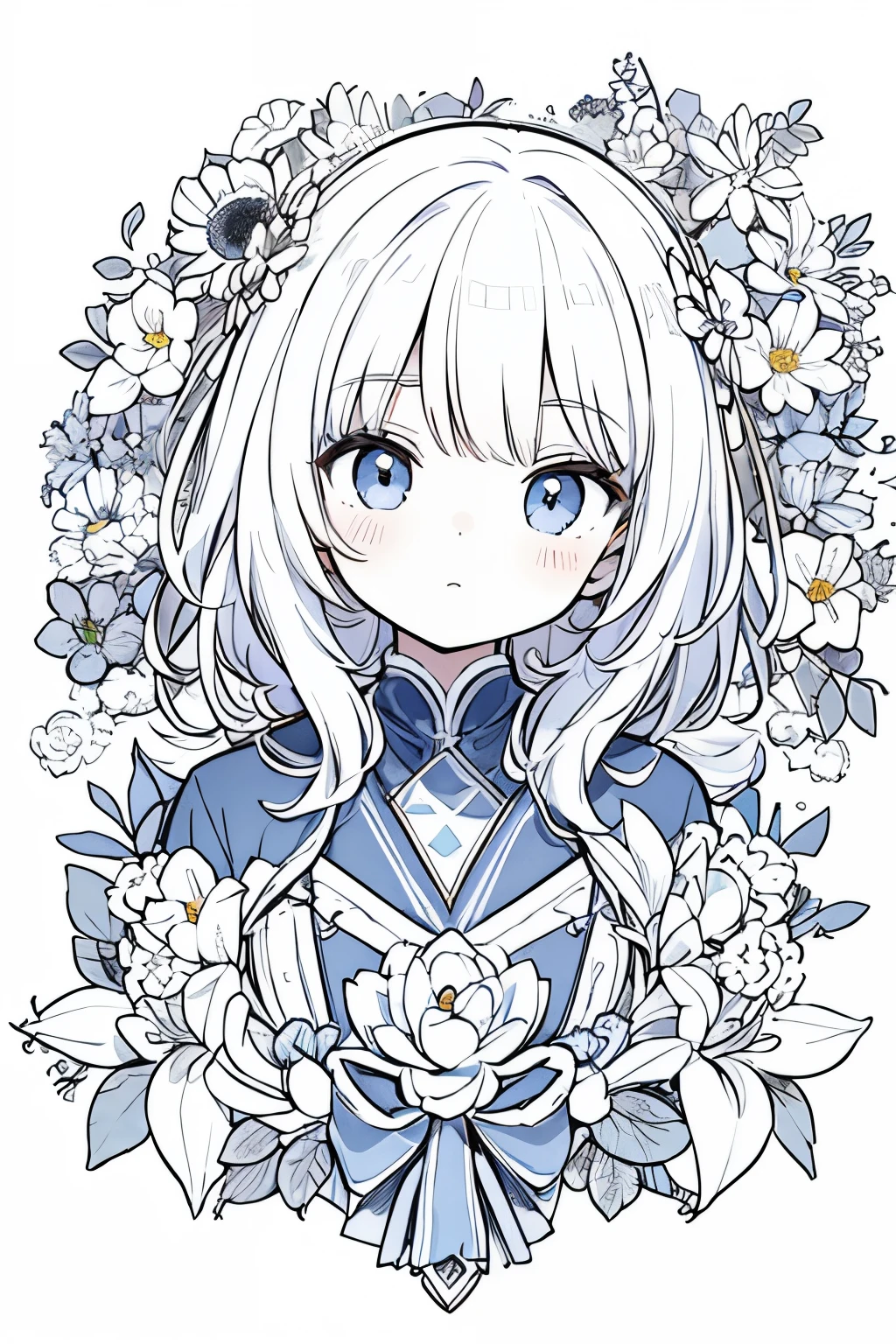 (masterpiece, best quality:1.2),(flower, Line Art, ) 1 girl,Single Point Color、Flat Color