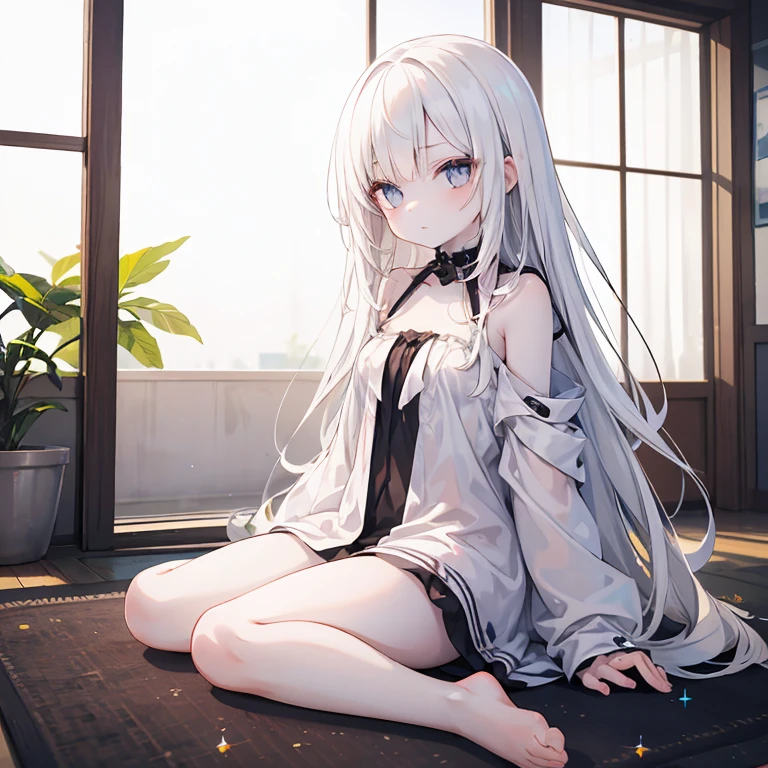 "She is a pale-faced girl with paper-white skin. She has long, messy, light white hair and captivating, clear white eyes that sparkle like jewels. She is barefoot and dressed in ragged clothes."、(Highest quality)、An incredible shadow、3D stereoscopic