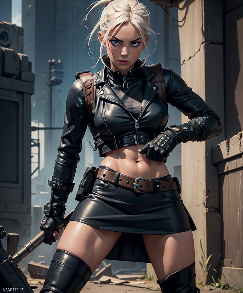 (((Full-length shot))),((Best quality)), ((masterpiece)), (detailed),MFBP1,muscular build and medium breasts .., wears an open black leather vest.., black leather gloves, a short skirt and heavy boots. She has a punk rock look.Hyper-realistic close-up photo of Rose Wilson DC, blue eyes,(Photorealism: 1.4), Create dystopian masterpieces. Post-apocalyptic world. Pay attention to small details, sharp focus. The palms of the hands are clenched into fists.