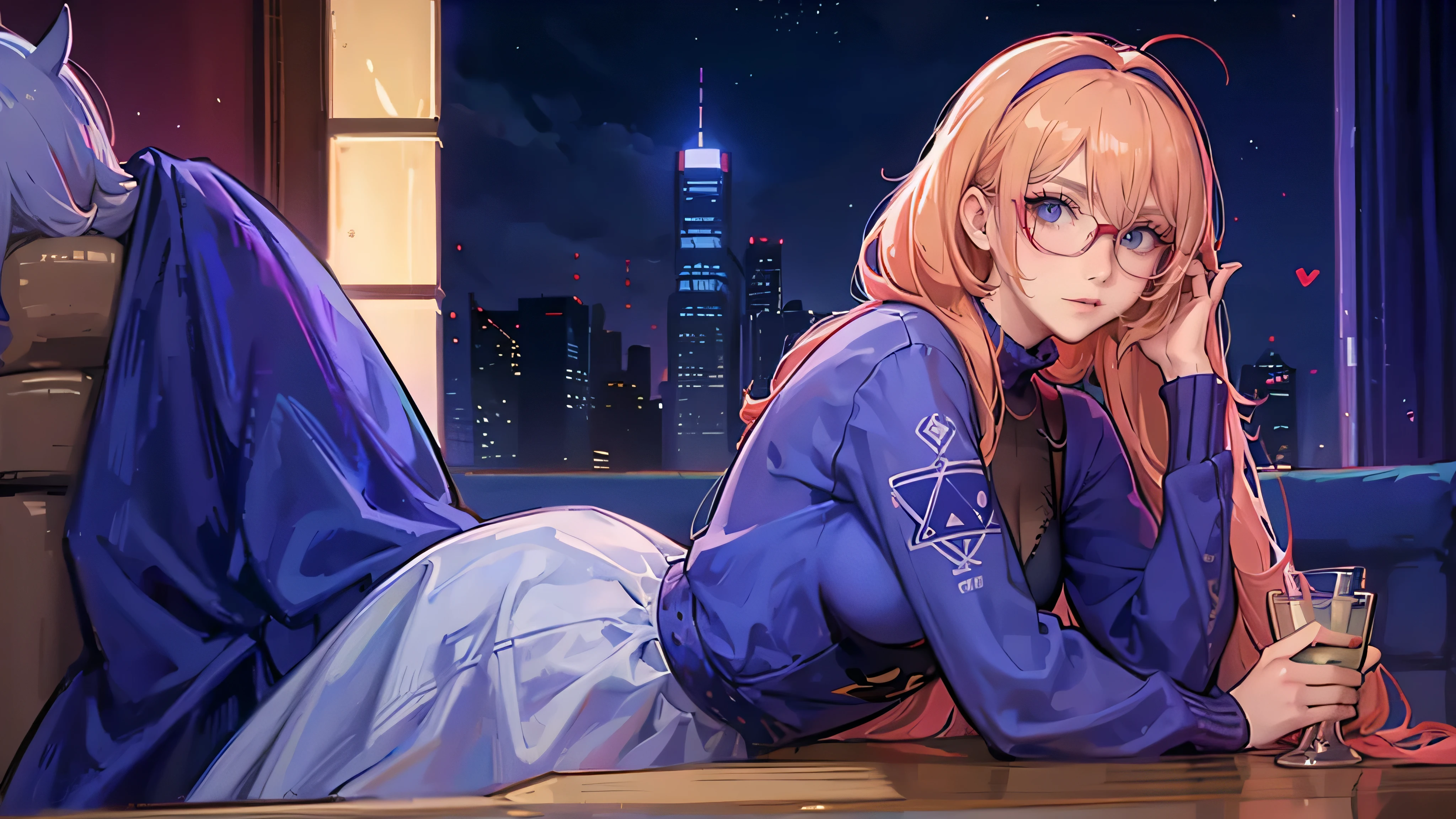 anime,An illustration,purple robot,Mobile Suit,Dom,Light blue check dress,Red glasses,Blonde,Light blue mesh hair,beautiful girl,Sora Sakurano,One person