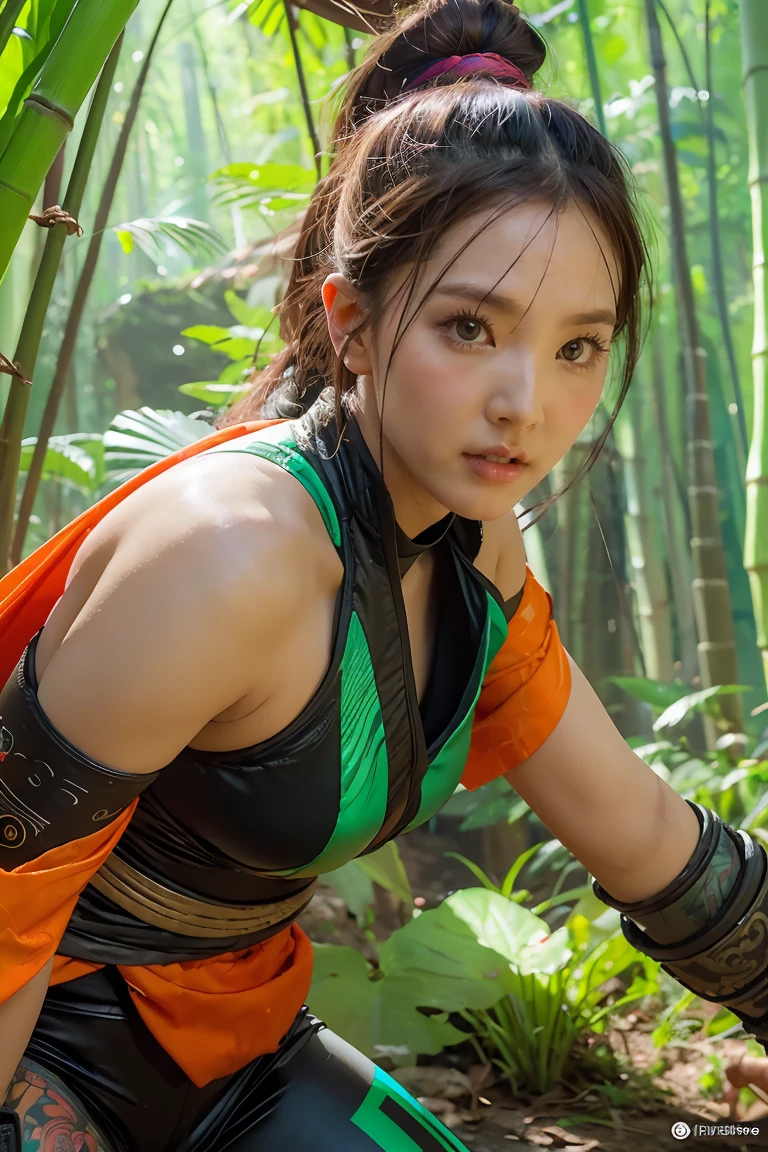 bamboo forest background，A look of determination，colorful vivid octane render, cybernetic and highly detailed, loba andrade from apex legends, created in unreal engine 5, made in unreal engine 5, trending on unreal engine 5, Antique portraits, Martial arts fantasy style 8k octane rendering, rendered in unreal 5, rendered in high octane