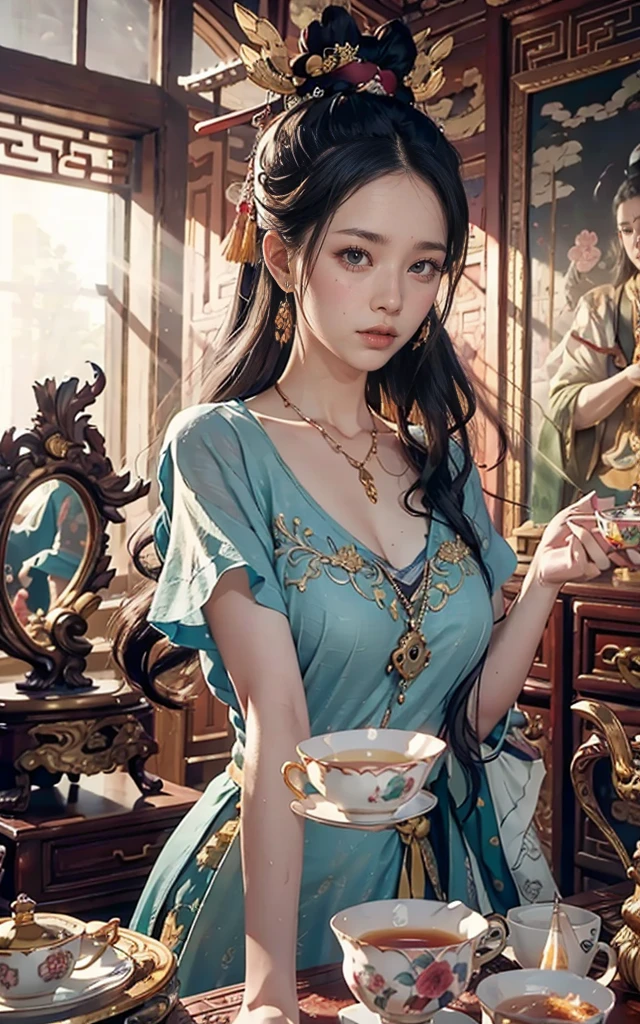 （RAW photos，Best quality），（Reality，Photo-realistic：1.3），Best quality，Highly detailed，Masterpieces，Ultra Detailed，illustration，1girl huge breasts，There is a painting on the forehead，Upper Body_Body，Dynamic Angle，World famous dramas，messy_long_hair，Best quality，Extremely detailed CG unity 8k wallpaper，ink，amazing，Movie Lighting，lens_Flare，Dunhuang_style，holding a teacup，Drink tea，（Chinese imperial palace background）
