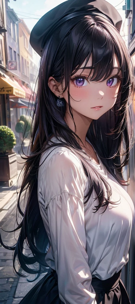 a beautiful detailed woman with long purple hair, extremely detailed face and eyes, dramatic lighting, dramatic colors, photorealistic, high quality, professional, cinematic, glowing skin, tropical plants, big breasts, shirt, hat, (best quality,4k,8k,highres,masterpiece:1.2),ultra-detailed,(realistic,photorealistic,photo-realistic:1.37),HDR,UHD,studio lighting,ultra-fine painting,sharp focus,physically-based rendering,extreme detail description,vivid colors,bokeh,portraits