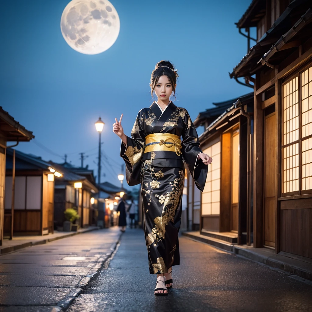 Night city background、A Japanese woman in a gorgeous black and gold kimono、Walking under the light of the full moon。Her expression is mysterious and、The embroidery on her kimono shines in the moonlight.。Japanese beauty and a mysterious atmosphere