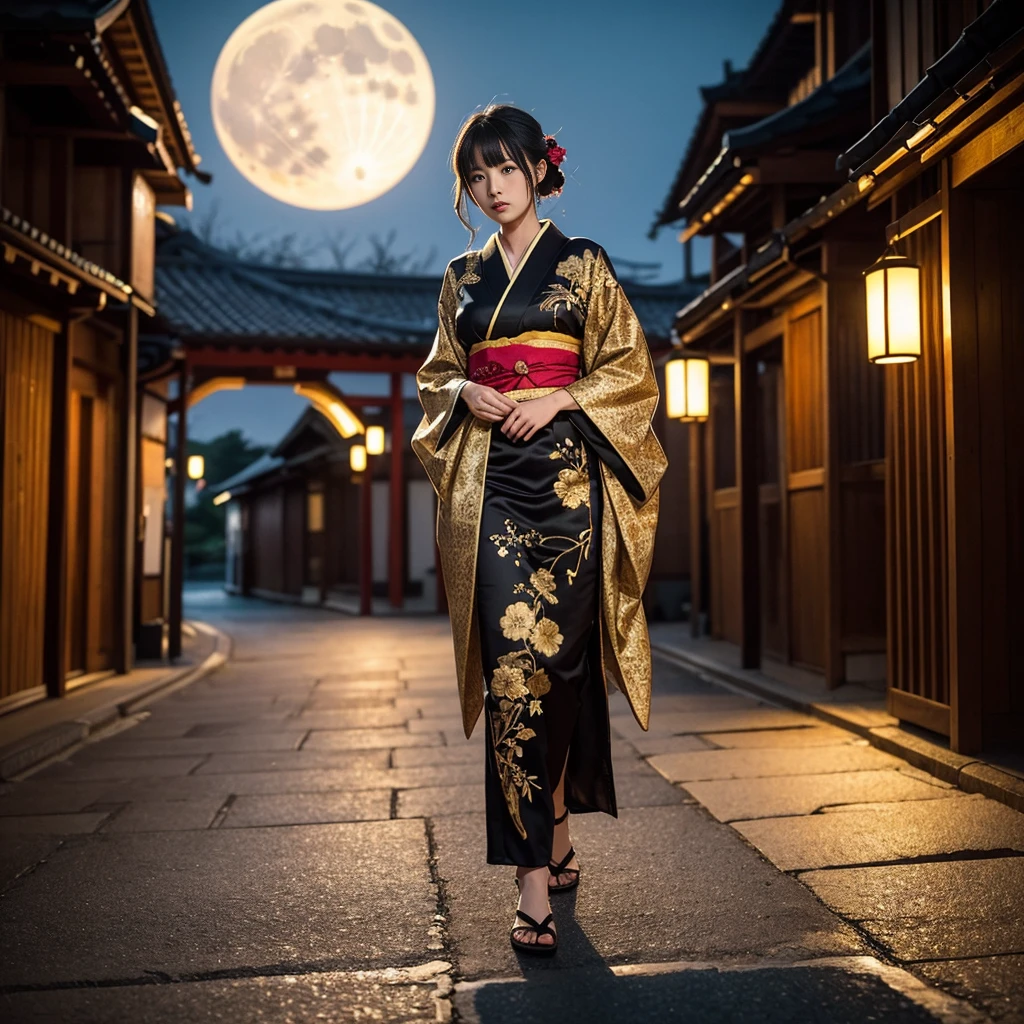 Night city background、A Japanese woman in a gorgeous black and gold kimono、Walking under the light of the full moon。Her expression is mysterious and、The embroidery on her kimono shines in the moonlight.。Japanese beauty and a mysterious atmosphere