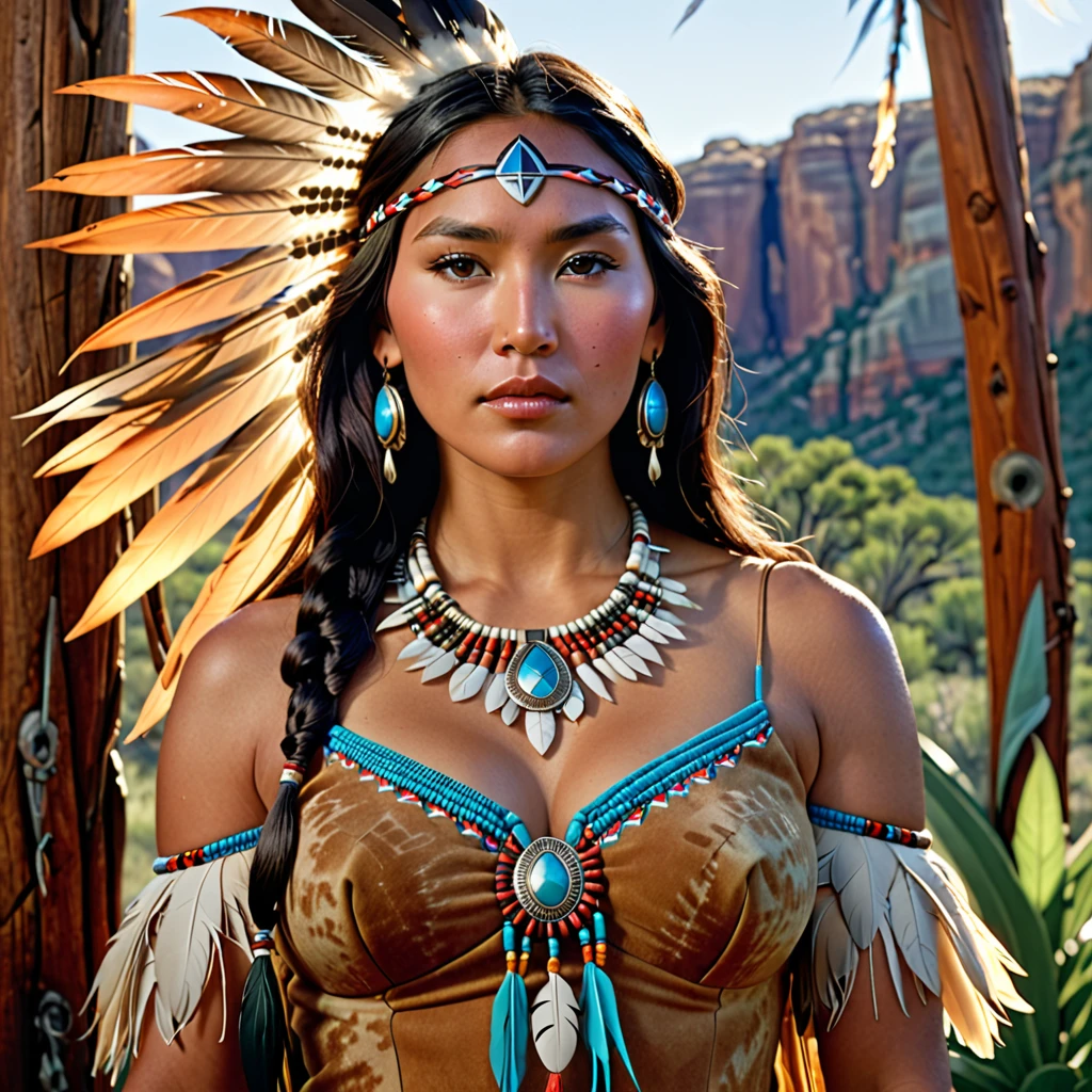 Portrait of Marie Avgelpolous as Pocahontas, Beautiful young Native American woman, Perfectly symmetrical face, Indigenous Feather Jewelry, Traditional handmade dresses((Big Breasts,Huge breasts,,Sexy cleavage,pointed chest)), Butt((You can see the crack of the buttocks))Armed Female Hunter Warrior, (((The pioneering days of America）Western Region))) environment, Utah Landscape, Ultra-photorealism, Concept Art, elegant, ((Complex)), ((Very detailed)), Depth of written boundary, ((Professional Color Grading)), Gentle indirect lighting, evening, 8k, Artgerm、Greg Rutkowski、Art by Alphonse Mucha