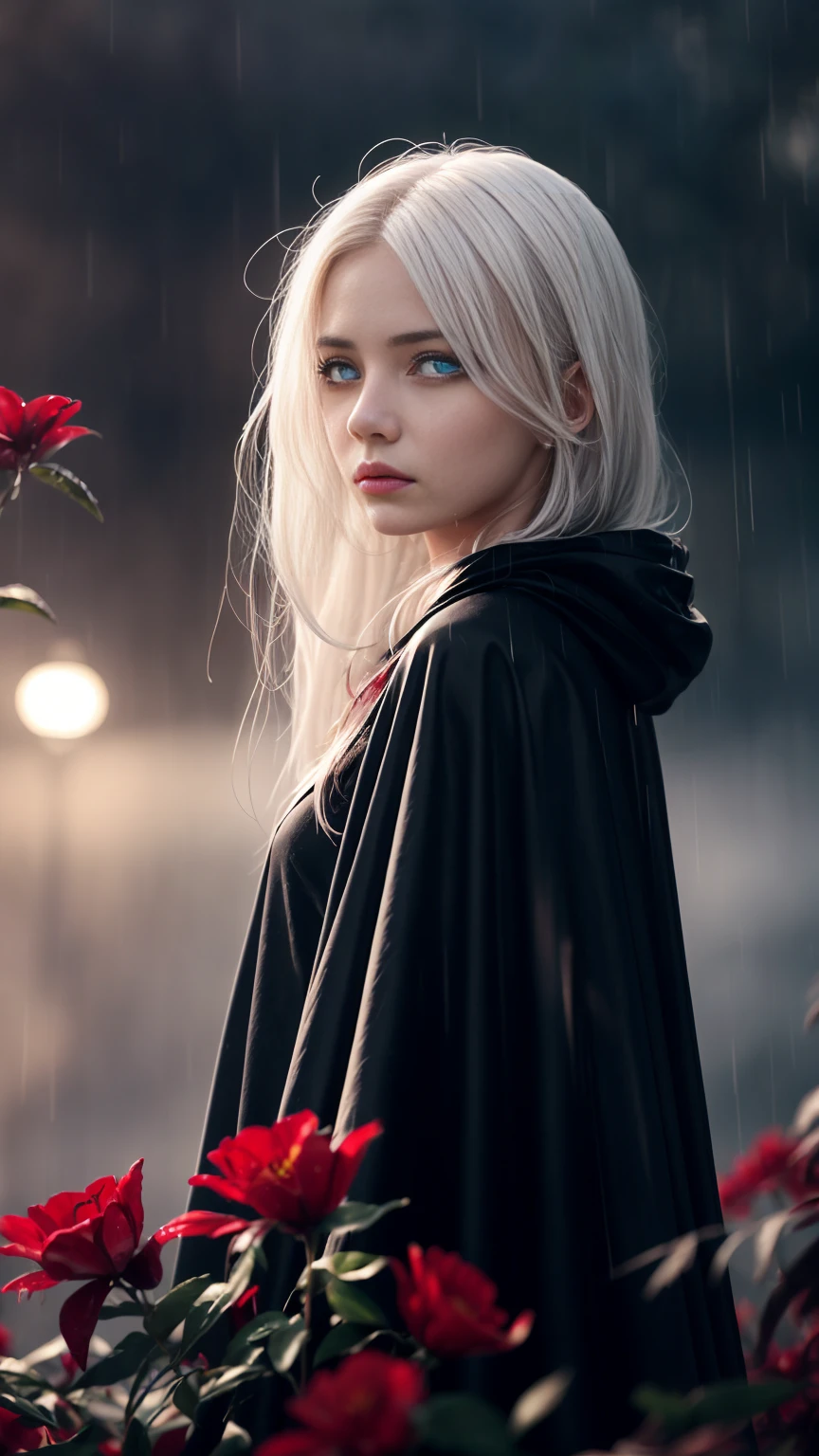 1girl,solo,1girl,solo,((beautiful detailed eyes)), (detailed light),depth of field,(white hair),silver eyes,hair over one eye,(red flower ), hair flower,long hair,black cloak,wet,emotionless,looking back,night,starfall,raining,fog,red flowers falling,sketch,upper body,intense shadows,