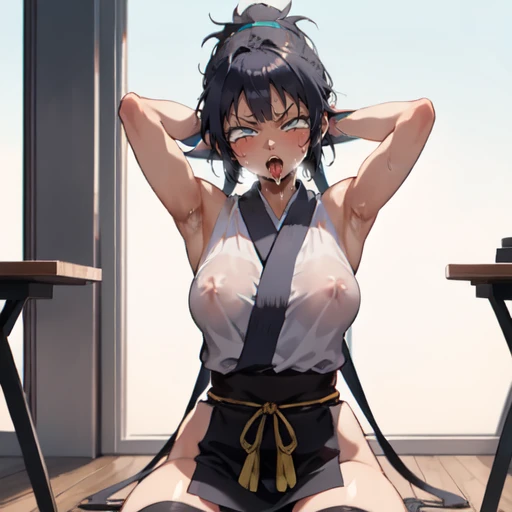 1girl, (ahegao),（muscle1.4）, (masterpiece:1.3), (high resolution), (8K), (extremely detailed), (4k), (pixiv), perfect face, nice eyes and face, (best quality), (super detailed), detailed face and eyes, (solo), textured skin, absurdres, highres, wzkomachine, white eyes, Small breasts, sash, bike shorts, short sleeves, bangs, black gloves, fingerless gloves, long hair, black hair,ponytail, japanese clothes, kimono, sitting on floor, looking at viewer,Nipple exposure,Sexy, flirtatious, Solitary, eternity, - Hip vents, No underwear,No eyeballs, Also available in black, low twin braids,Facing the audience, looking at the audience, tired, from below, (Exposed armpit:1.1), ((armpit:1.2)), sexy, Sweating, More and more sweat,(ahegao), (Roll your eyes), Naughty face, blush, open mouth, Sticking out tongue, saliva, Slobber,Skinny, raise arms, (arms above head:1.5)