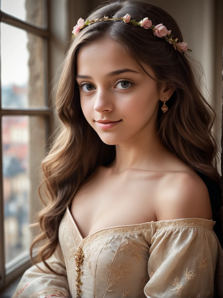 cinematic photo of a beautiful indian (best quality,4k,8k,highres,masterpiece:1.2), ultra-detailed, (realistic,photorealistic,photo-realistic:1.37),In the portrait of this enchanting -yeld gi the daughter of a prosperous merchant during the flourishing 17th century in the Netherlands, every brushstroke captures the essence of her youth and nude innocence. Her golden locks cascade in gentle waves, adorned with ribbons and pearls that speak of her family's affluence. Each curl seems to dance in the light, framing her cherubic face with an air of purity and grace. Her eyes, wide and bright, reflect the curiosity and wonder of childhood, as if every glance is filled with endless possibilities. Her rosy cheeks flush with vitality, a testament to her health and happiness in the embrace of her privileged upbringing. A delicate dimple graces her smile, adding a touch of sweetness to her countenance that is as charming as it is captivating. Dressed in the finest silks and lace, her gown whispers softly with every movement, a symphony of luxury and refinement. Embroidered motifs and intricate details adorn her attire, showcasing the exquisite craftsmanship of the era and her family's esteemed status in society. In her hands, she holds a posy of fresh flowers, their vibrant colors mirroring the bloom of her youth. With each delicate petal, she seems to embody the essence of spring itself, a beacon of hope and renewal in a world filled with uncertainty. This portrait of the 12-year-o daer ofprosperous Dutch merchant is not just a representation of beauty; it's a window into a bygone era of elegance, privilege, and the timeless innocence of youth.