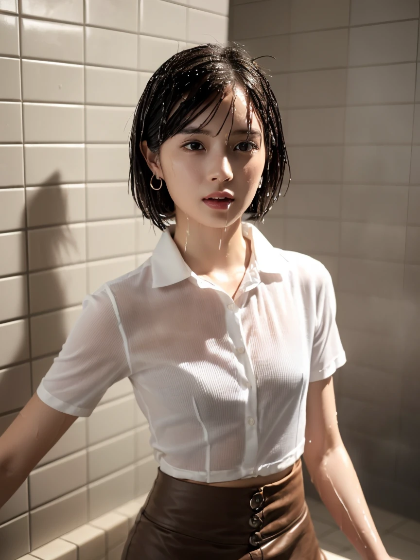 (super high quality:1.2),(masterpiece:1.2), Very detailed, (Ultra-high resolution:1.2), (Realistic, photo Realistic:1.6), High-resolution RAW color photos, Professional photos, Dramatic lighting, Sensual movie scene、Sharp focus:1.2, (Very detailed顔と肌の質感, Very beautiful eyes, Glossのある肌, Glowing Skin, Glowing Skin, Shining Face, Gloss, Oily skin, greasy face, Oily skin, greasy face, 強いGloss), Perfect Anatomy, Very detailed背景,,(Night shower),((25-year-old woman, Japanese women),(lean slender body、Slender legs), (Short Bob Hair, Straight hair, bangs, Brown Hair), (Flat Chest:1.6),(Glowing Skin,White skin), (((See-through collared short-sleeve shirt、Tight mini skirt))),((Wet in the shower:1.3)),Earrings