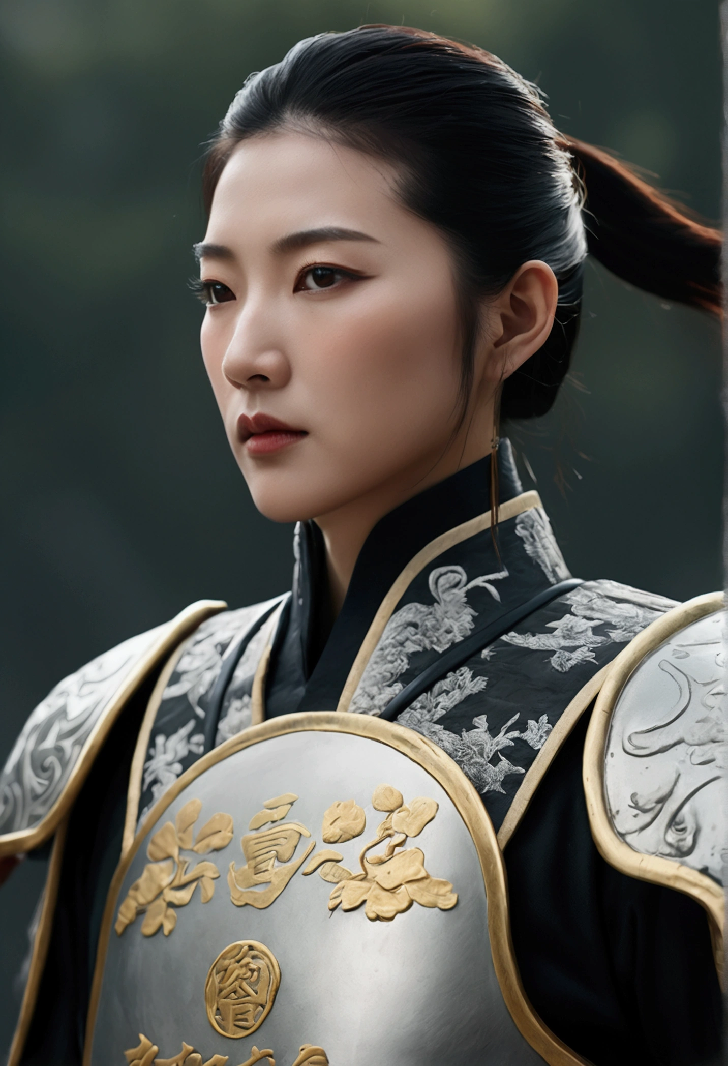 Bust of an ancient Chinese general on the battlefield,Black Chinese Armor, Starry sky and fog cover the landscape.Rich historical background. (Highest quality,4K,8k,High resolution,masterpiece:1.2), Very detailed, (Realistic,Realistic,Photorealistic:1.37), High resolution, Hyper HD, Studio Lighting, Ultra-fine painting, Sharp focus, Physically Based Rendering, Very detailed説明, Professional, Vibrant colors, Bokeh, Sports Late, Ancient War Landscapes, Traditional Chinese Painting Techniques, Atmospheric lighting, Dynamic Pose, Complex combat scenarios, Vivid color contrast, Visually stunning composition, Ethereal atmosphere, heroism. Black and White