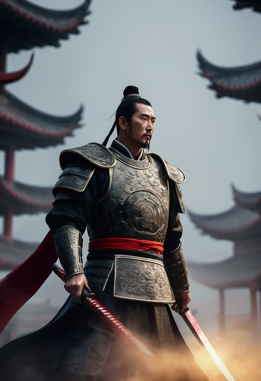 Bust of an ancient Chinese general on the battlefield,Black Chinese Armor, Starry sky and fog cover the landscape.Rich historical background. (Highest quality,4K,8k,High resolution,masterpiece:1.2), Very detailed, (Realistic,Realistic,Photorealistic:1.37), High resolution, Hyper HD, Studio Lighting, Ultra-fine painting, Sharp focus, Physically Based Rendering, Very detailed説明, Professional, Vibrant colors, Bokeh, Sports Late, Ancient War Landscapes, Traditional Chinese Painting Techniques, Atmospheric lighting, Dynamic Pose, Complex combat scenarios, Vivid color contrast, Visually stunning composition, Ethereal atmosphere, heroism. Black and White